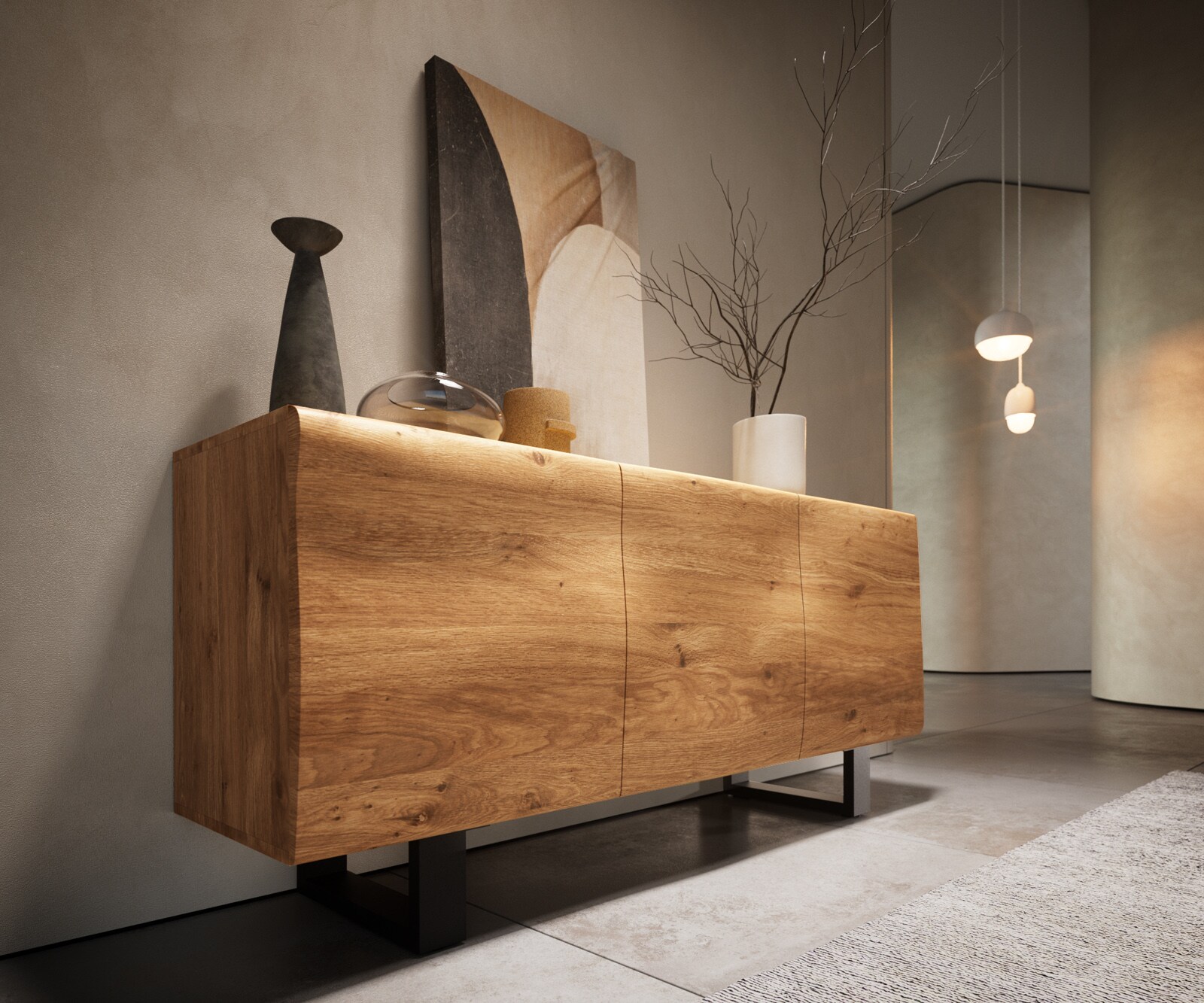 Komoda New Live-Edge 145 cm dąb naturalny 3 drzwi nóżki płozowe metal czarny 4