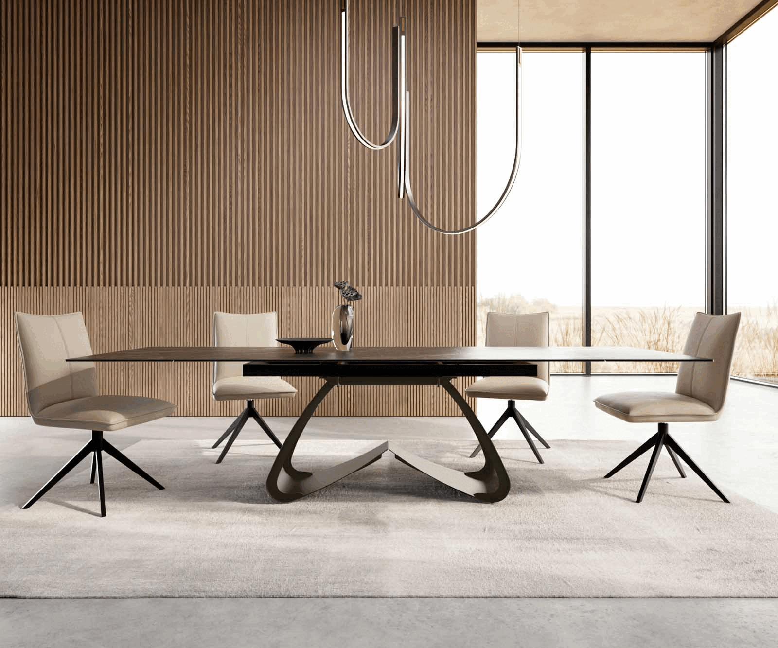 Stół do jadalni Edge 200-300x100 cm ceramika Laminam® Noir Desir brązowy rama W kolor tytanowy rozkładany 1