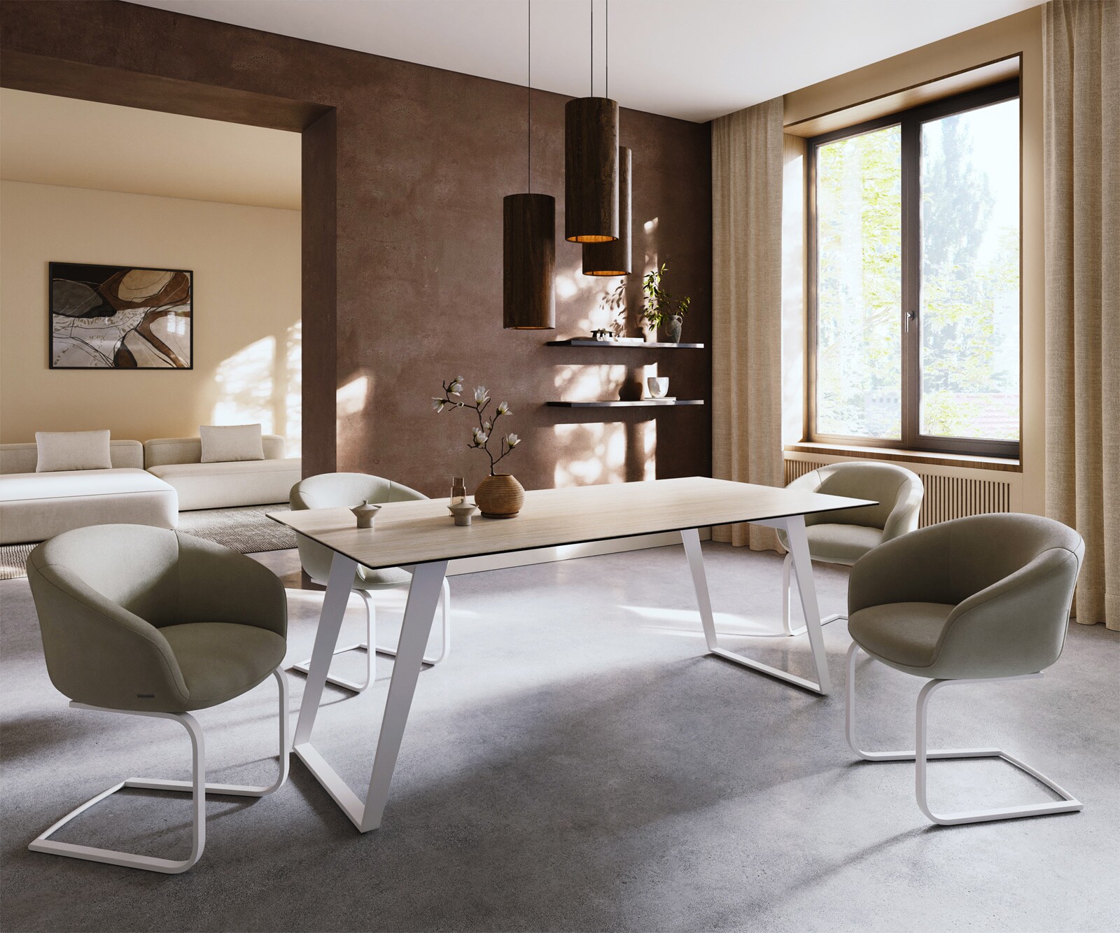 Stół do jadalni Edge 200x100cm ceramika Laminam® Travertino Bianco kremowo-biały metal pochylona rama biała 6