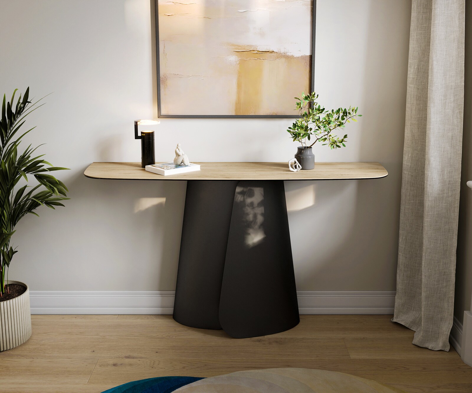 Konsola Edge w kształcie beczki 140x40 cm ceramika Laminam® Sabbia w kolorze dębu podstawa Livos metal czarny 1