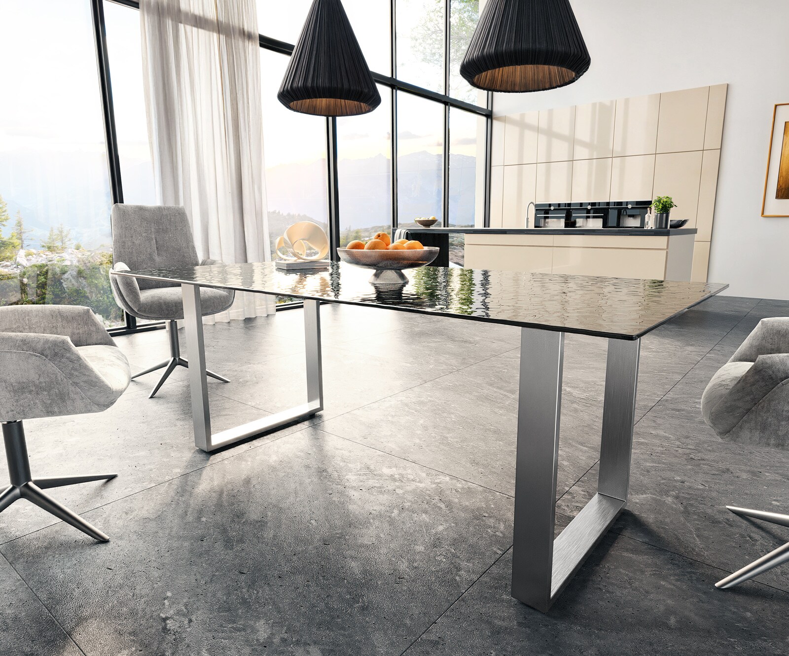 Stół do jadalni Edge 200x100 cm szkło reliefowe czarne efekt 3D stal nierdzewna wąska rama 3