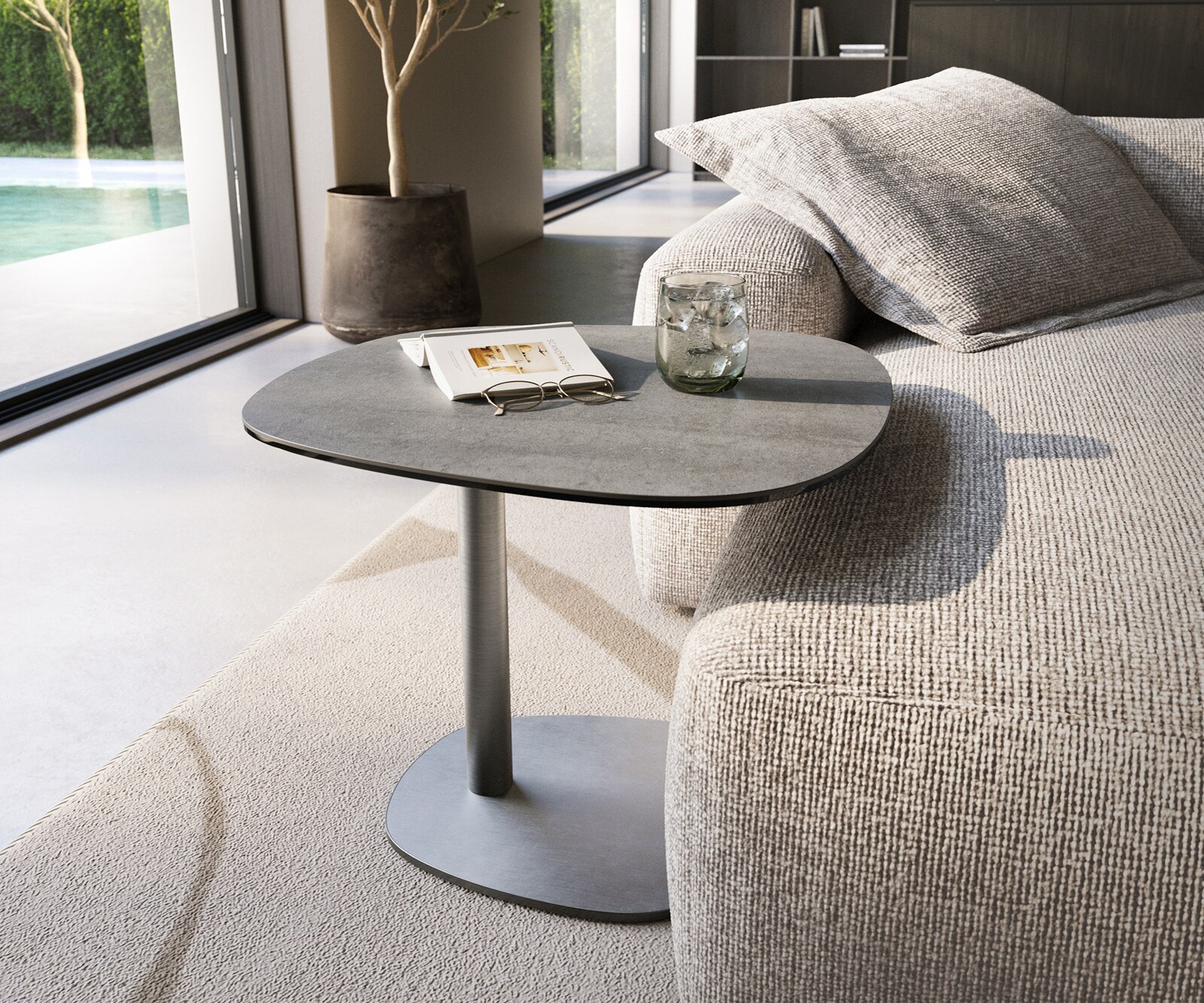 Stolik kawowy Edge w kształcie beczki 60x60 cm ceramika w kolorze betonu Eleny stal nierdzewna 1
