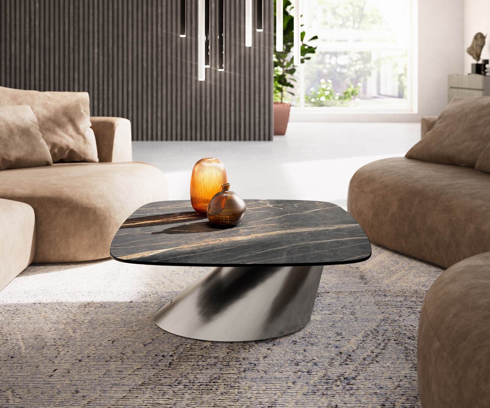 Stolik kawowy Edge w kształcie beczki 90x90 cm ceramika Laminam® Noir Desir brązowy Conis stal nierdzewna szczotkowana 2