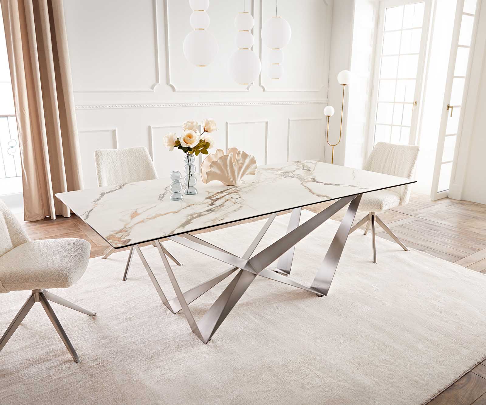 Stół do jadalni Edge 200x100 cm ceramika Calacatta Luxe biało-złoto-szary rama Spider stal nierdzewna 1