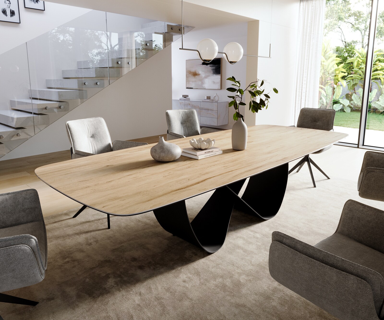 Stół do jadalni Edge w kształcie beczki 300x120 cm ceramika Laminam® Sabbia w kolorze dębu rama Infinity metal czarny 1