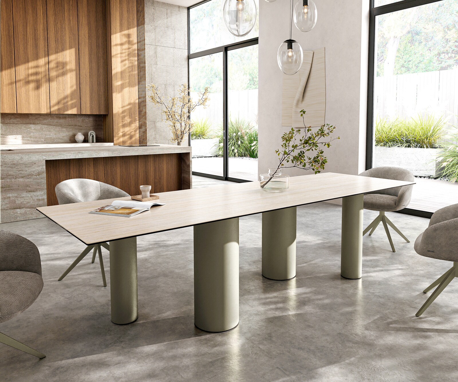 Stół do jadalni Edge 300x100cm ceramika Laminam® Travertino Bianco kremowo-biały rama Pilier metal kolor tytanowy