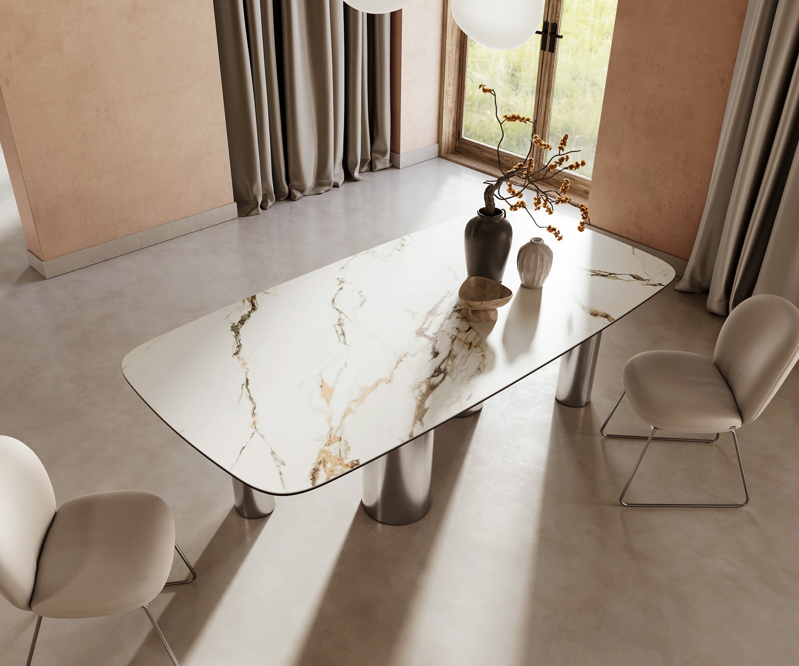 Stół do jadalni Edge kształt beczki 240x120cm ceramika Calacatta Luxe biało-złoto-szary rama Pilier stal nierdzewna 4