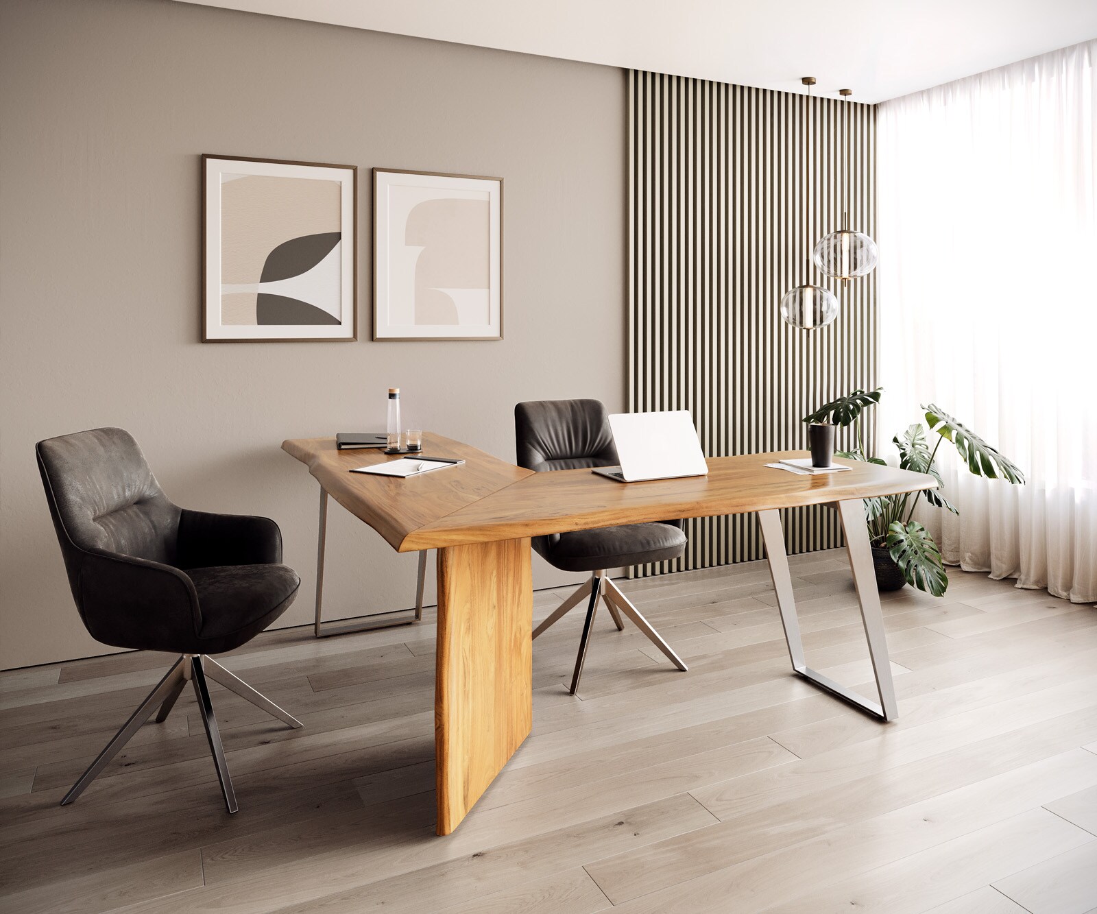 Biurko Live-Edge 170x170 cm akacja naturalna rama srebrna live-edge