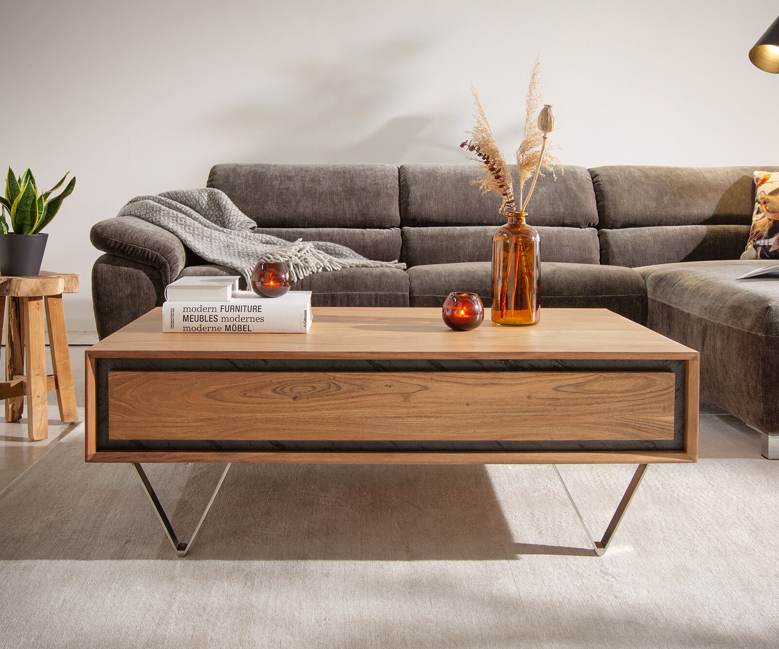 Stolik kawowy Stonegrace 115x60 cm akacja naturalna 2 szuflady fornir kamienny 1