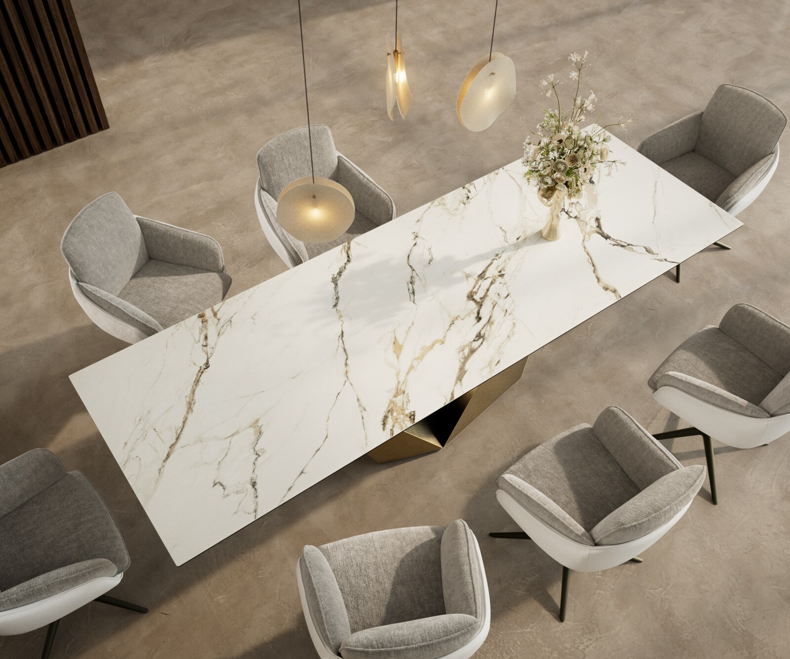 Stół do jadalni Edge 300x100cm ceramika Calacatta Luxe biało-złoto-szary rama Prisma metaliczny złoty 3