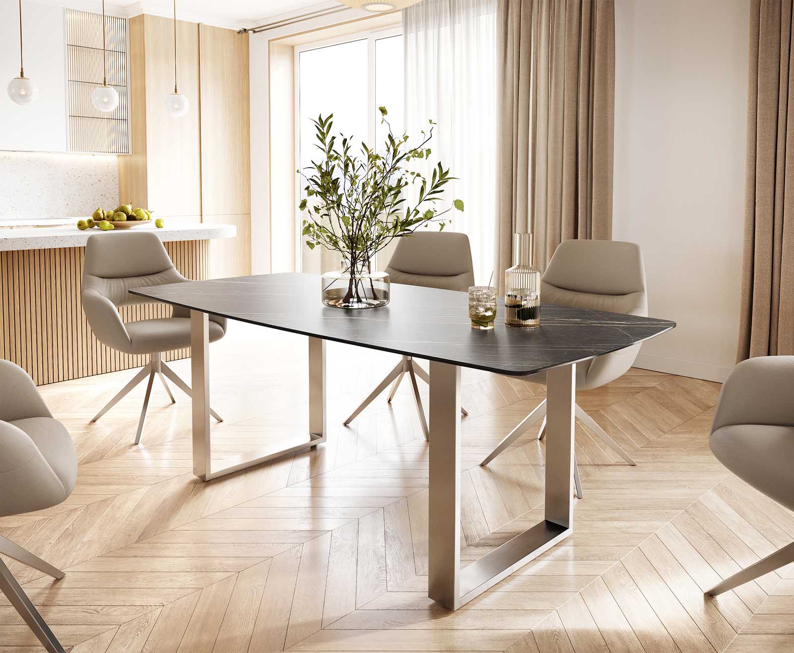 Stół do jadalni Edge kształt beczki 200x100cm ceramika Laminam® Noir Desir brązowy stal nierdzewna wąska rama