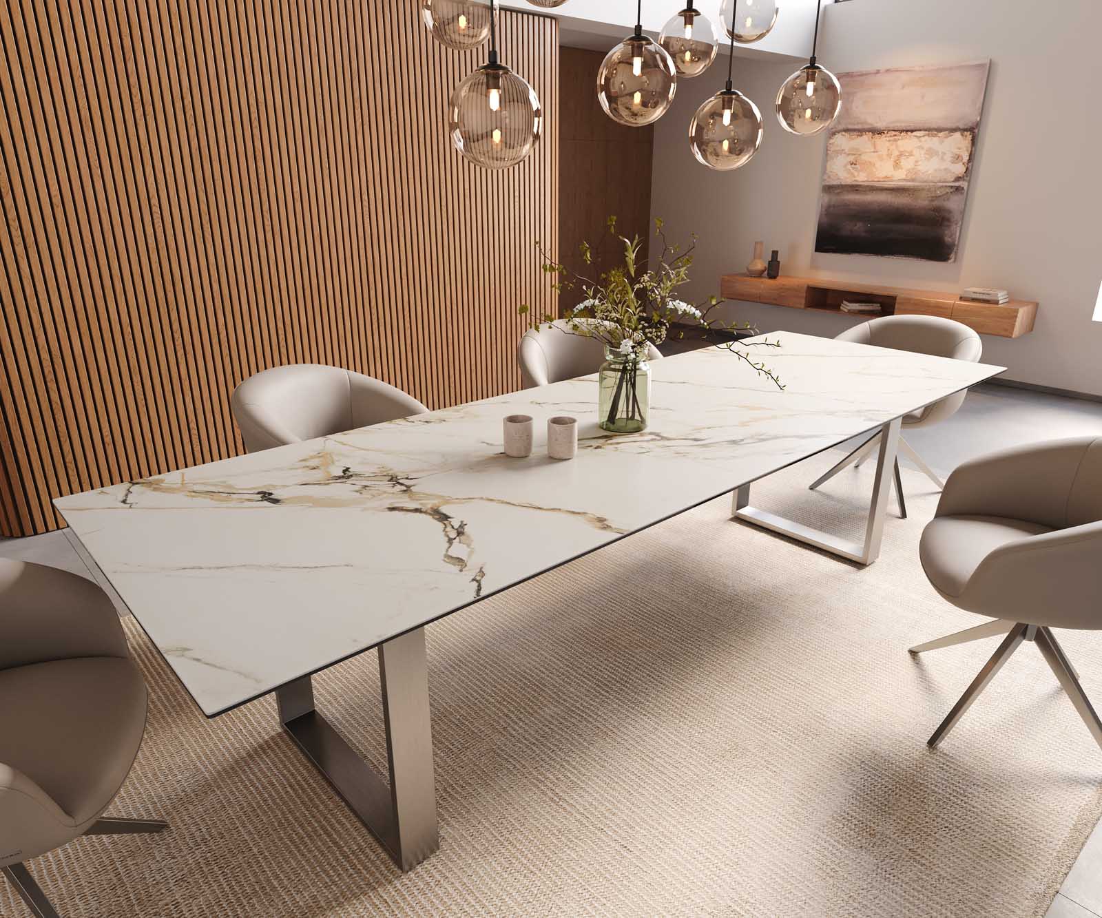 Stół do jadalni Edge 300x100cm ceramika Calacatta Luxe biało-złoto-szara rama wąska stal nierdzewna 1