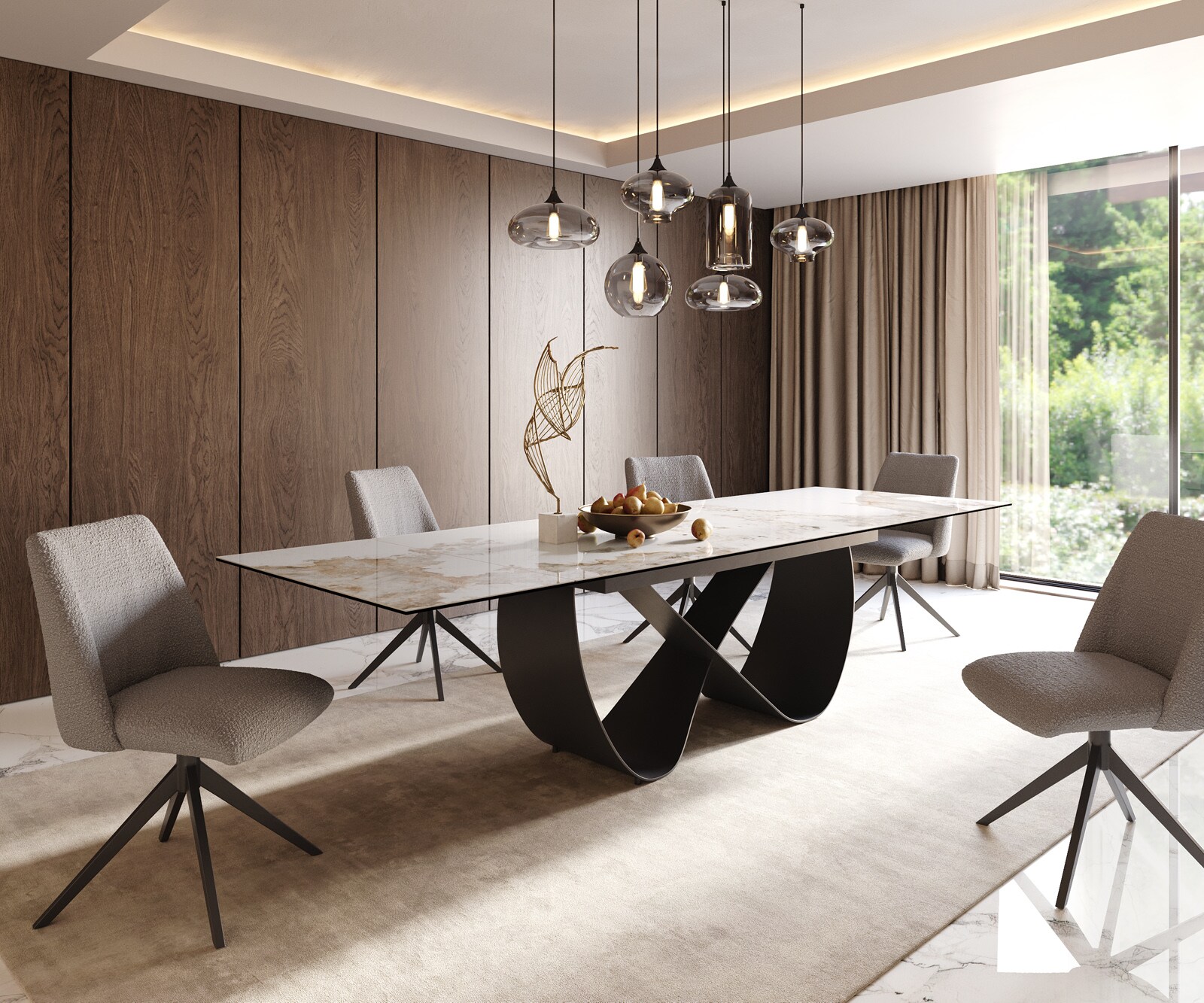 Stół do jadalni Edge 200-300x100cm ceramika Minas Melange biało-beżowy rama Infinity metal czarny rozkładany 5