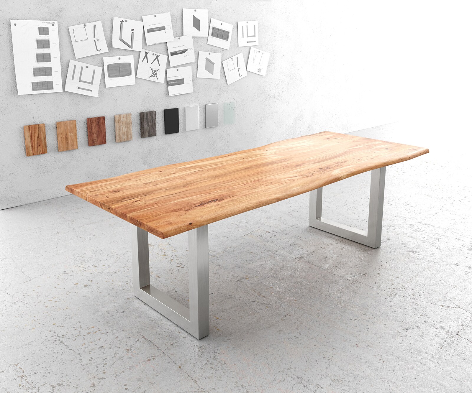 Stół do jadalni Edge 240x100 cm akacja naturalna stal nierdzewna szeroka rama live-edge 1