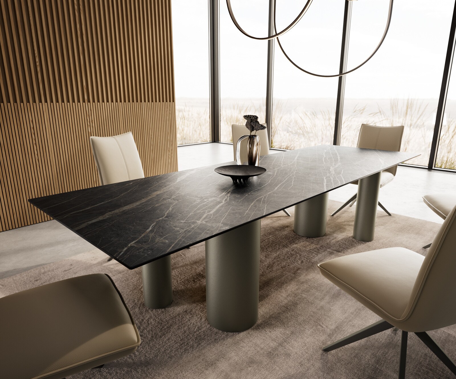 Stół do jadalni Edge 300x100cm ceramika Laminam® Noir Desir brązowy rama Pilier metal kolor tytanowy 7