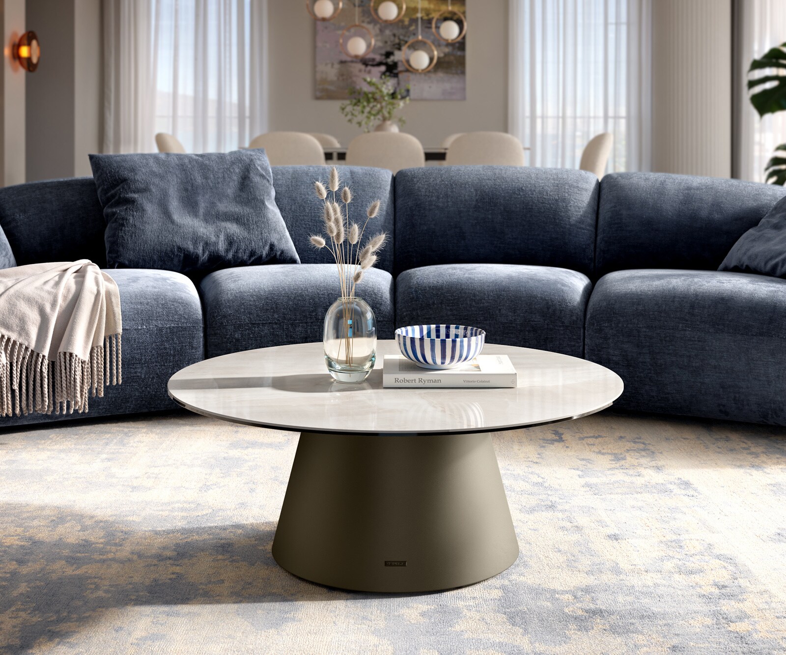 Stolik kawowy Edge okrągły 90x90 cm ceramika Onyx Champagne podstawa Borna w kolorze tytanu 2