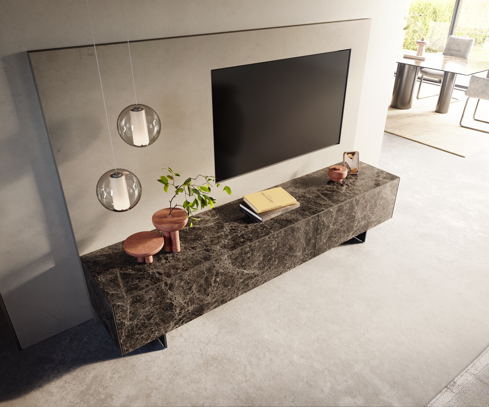 Szafka RTV Cuor 220 cm ceramika Emperador Extra Lucidato ciemnobrązowa 1 klapa 2 szuflady nóżki wąskie czarny metal 4
