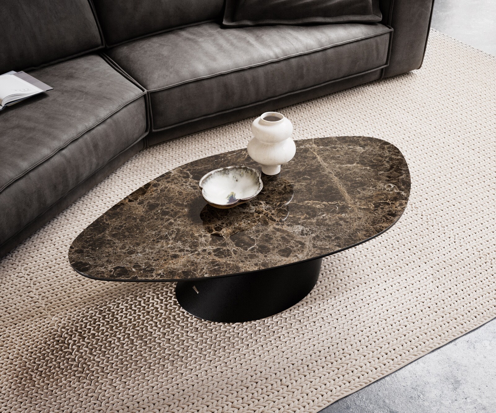 Stolik kawowy Edge kształt organiczny 140x76 cm ceramika Laminam® Emperador Extra Lucidato ciemnobrązowa podstawa Conis metal czarny 4