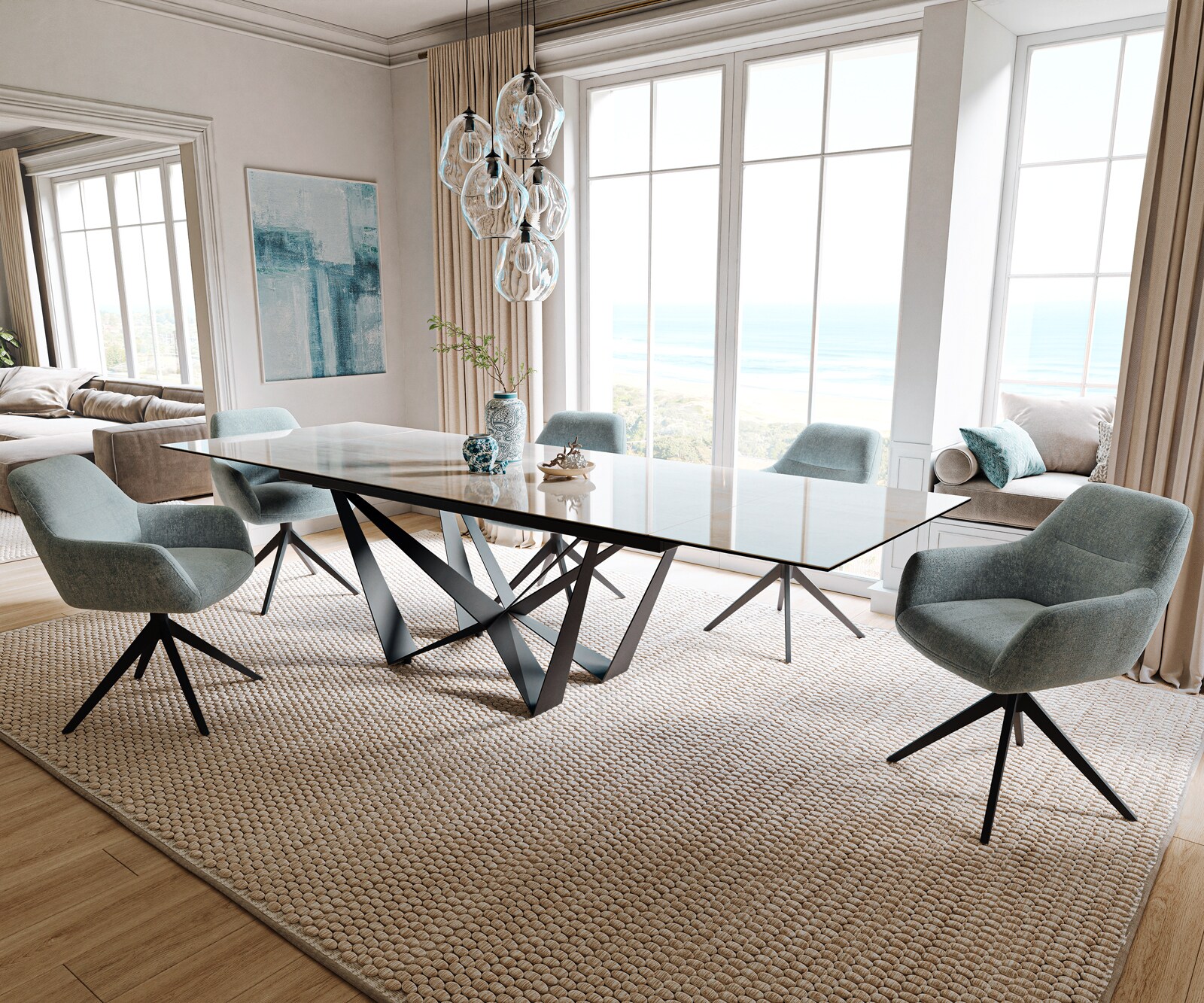 Stół do jadalni Edge 200-300x100cm ceramika Onyx Champagne rama Spider czarny rozkładany 6