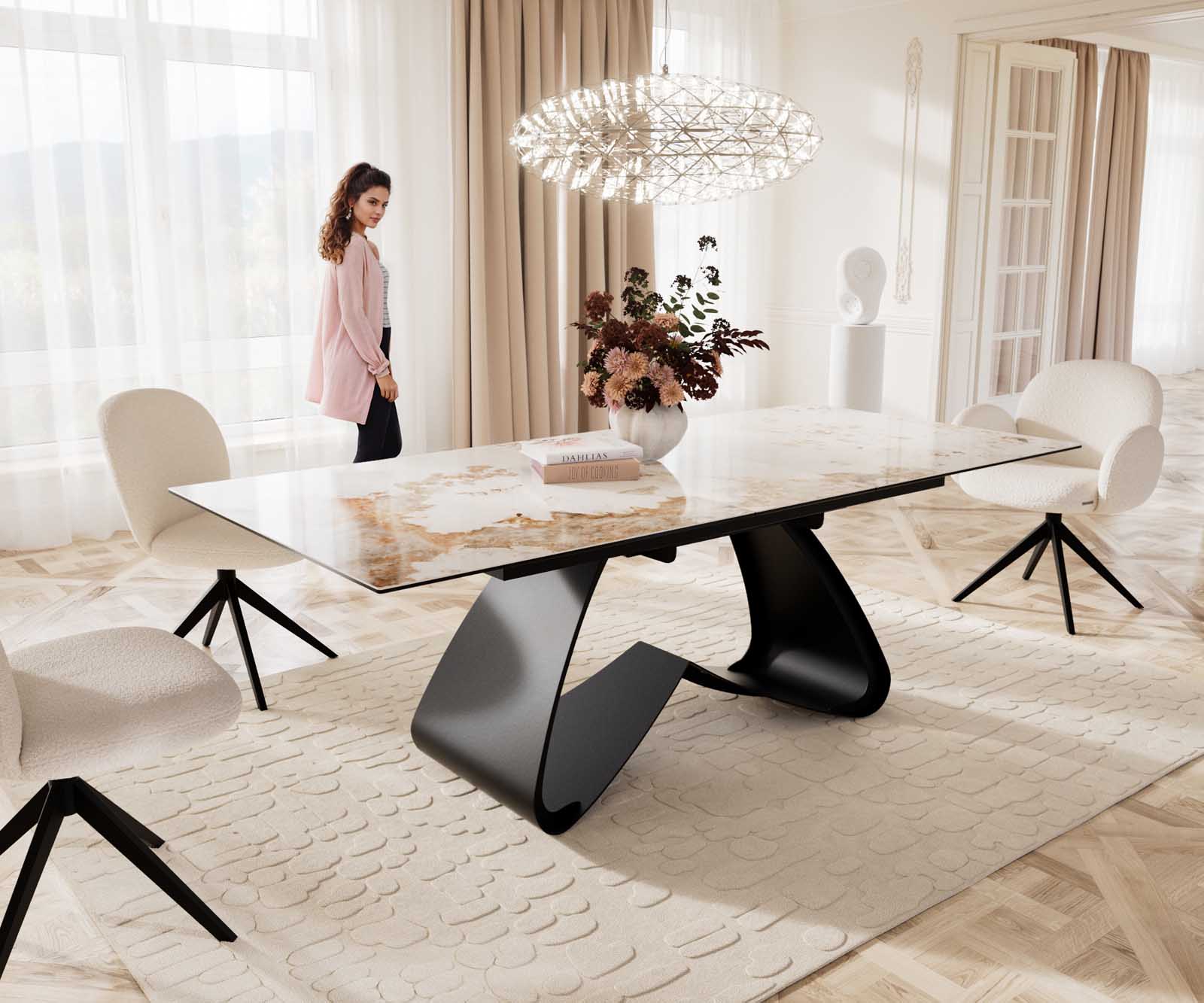 Stół do jadalni Edge 180-220x100 cm ceramika Minas Melange biało-beżowy rama W czarna rozkładany