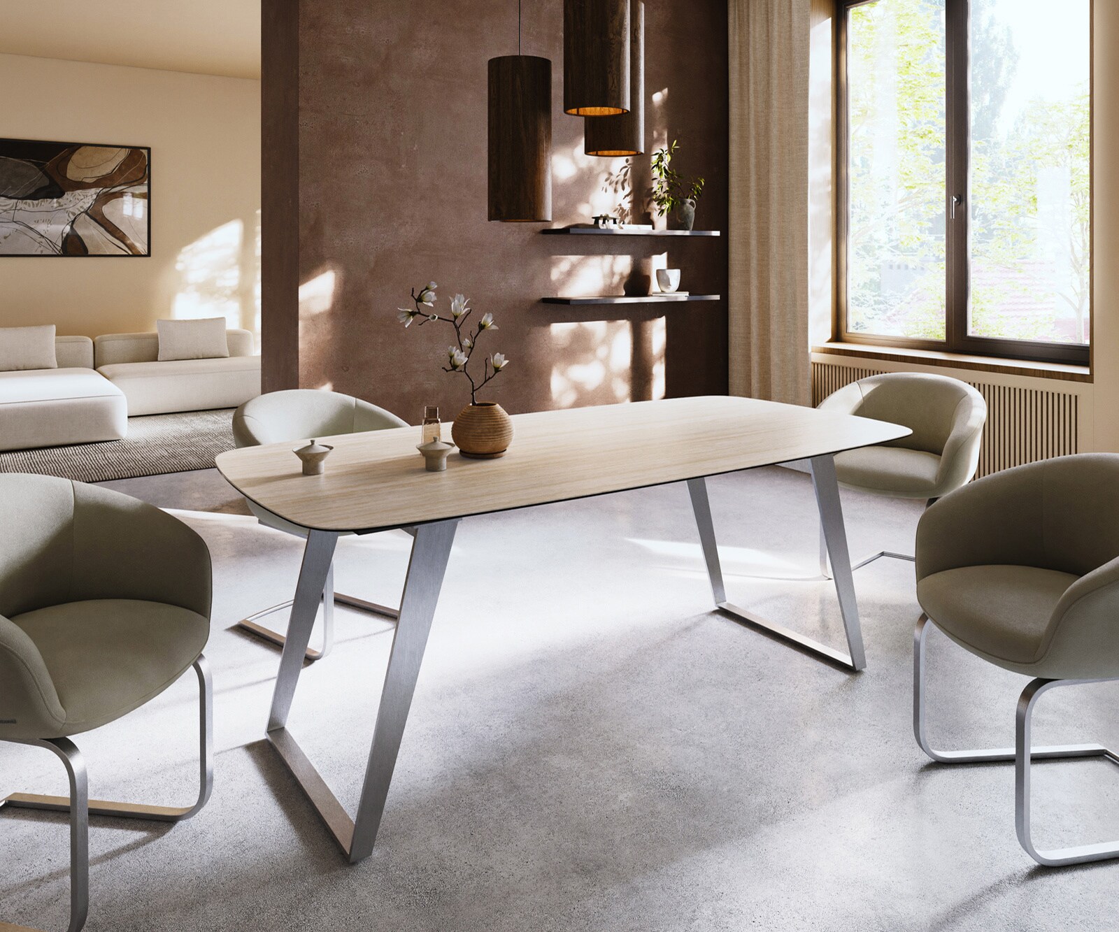 Stół do jadalni Edge w kształcie beczki 200x100cm ceramika Laminam® Travertino Bianco kremowo-biały stal nierdzewna rama pochylona 1