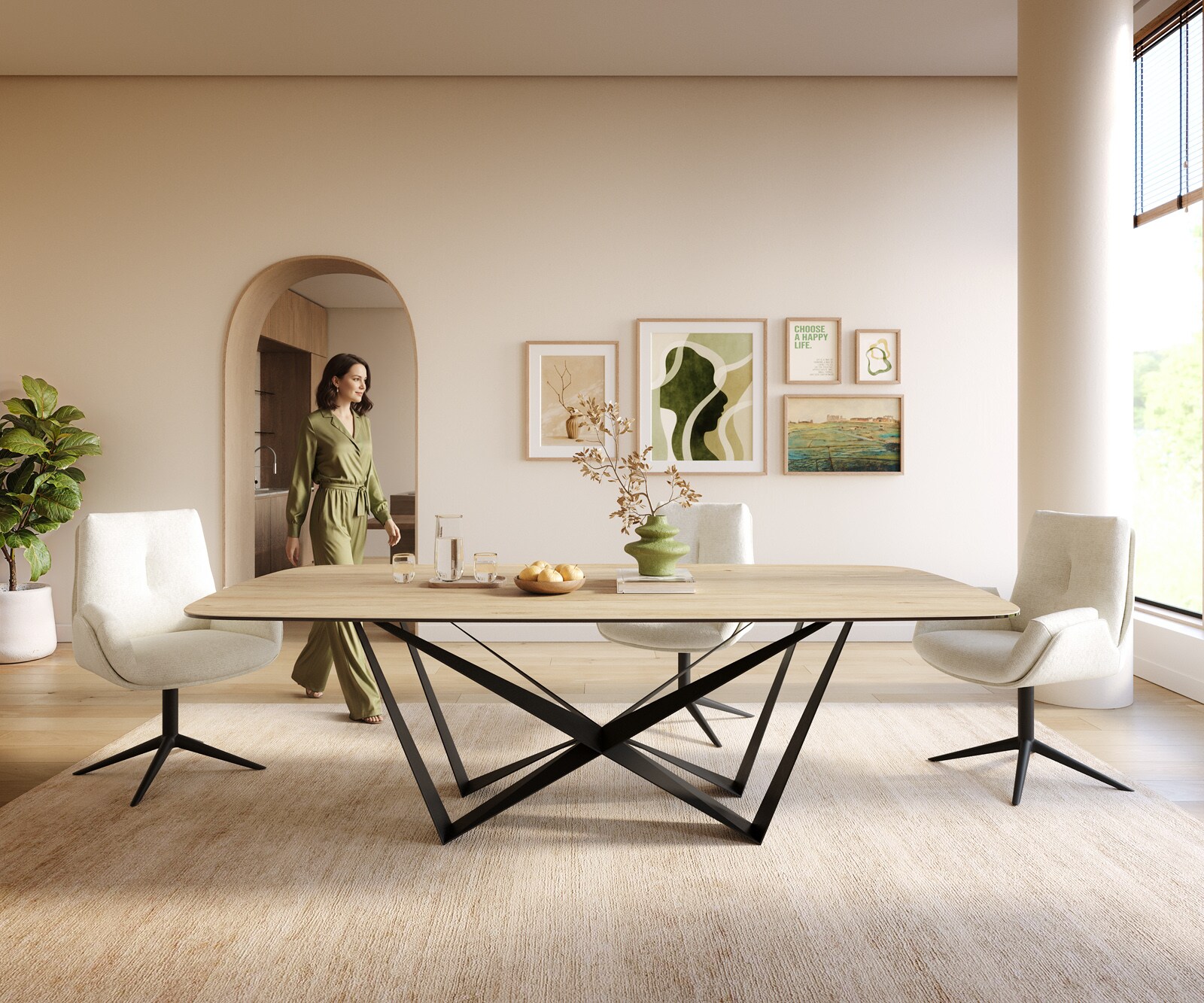 Stół do jadalni Edge w kształcie beczki 240x120cm ceramika Laminam® Sabbia kolor dębowy rama Spider czarny 1
