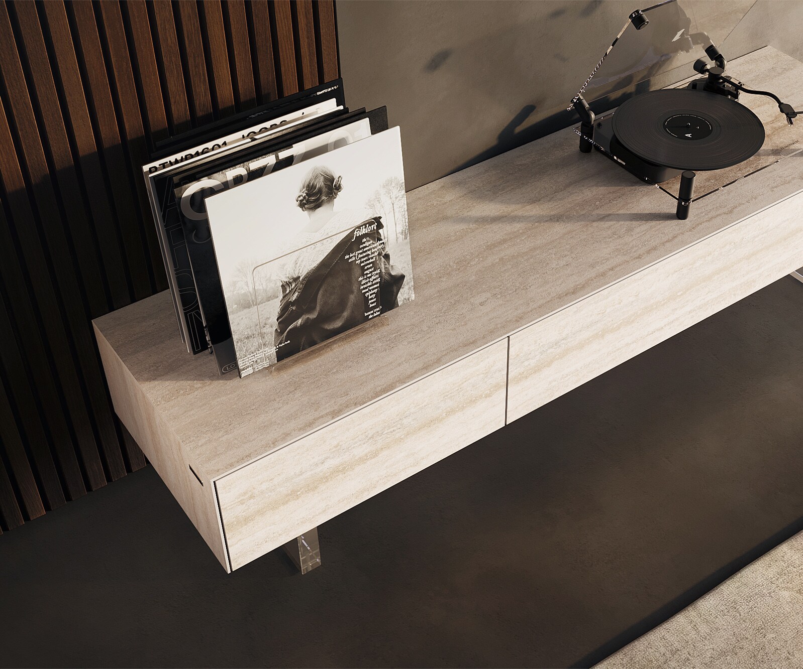 Szafka RTV Cuor 150 cm ceramika Laminam® Travertino Bianco kremowo-biała 1 klapa 1 szuflada nóżki akrylowe 3