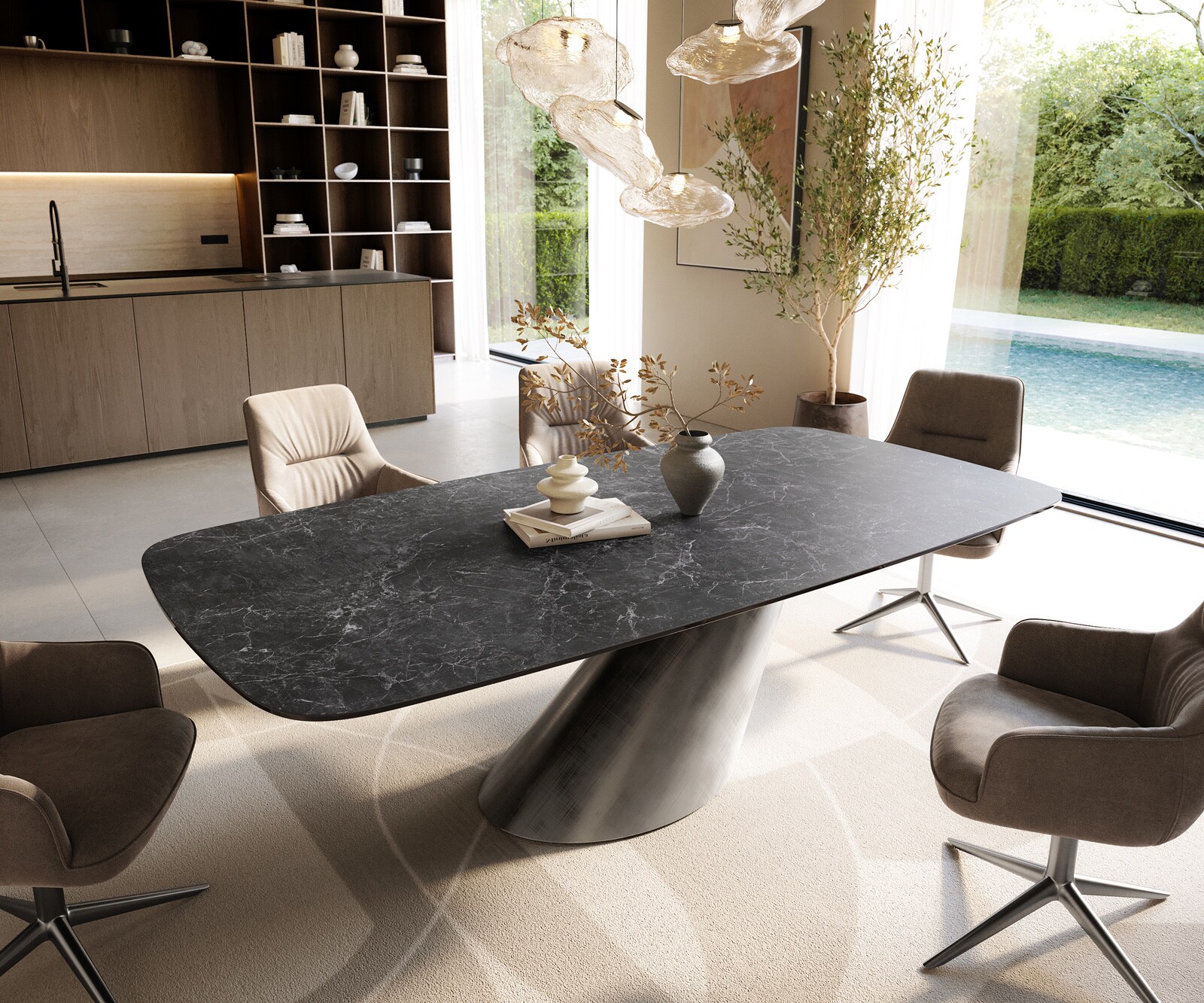 Stół do jadalni Edge w kształcie beczki 240x120 ceramika Laminam® Nero Greco antracytowa rama Cono metaliczny srebrny 1