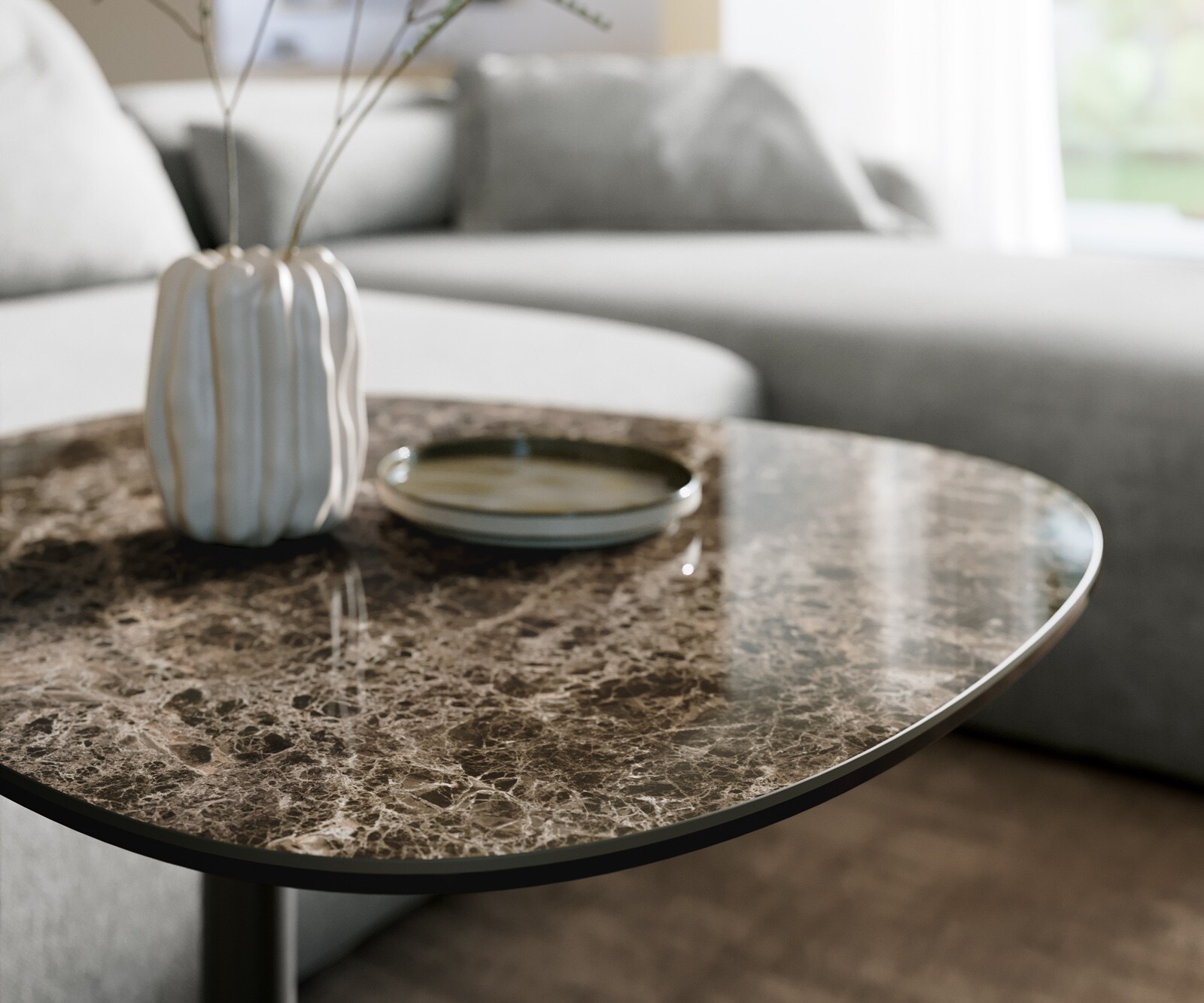 Stolik kawowy Edge w kształcie beczki 60x60 cm Laminam® Emperador Extra Lucidato ciemnobrązowy podstawa Eleny metal czarny 5
