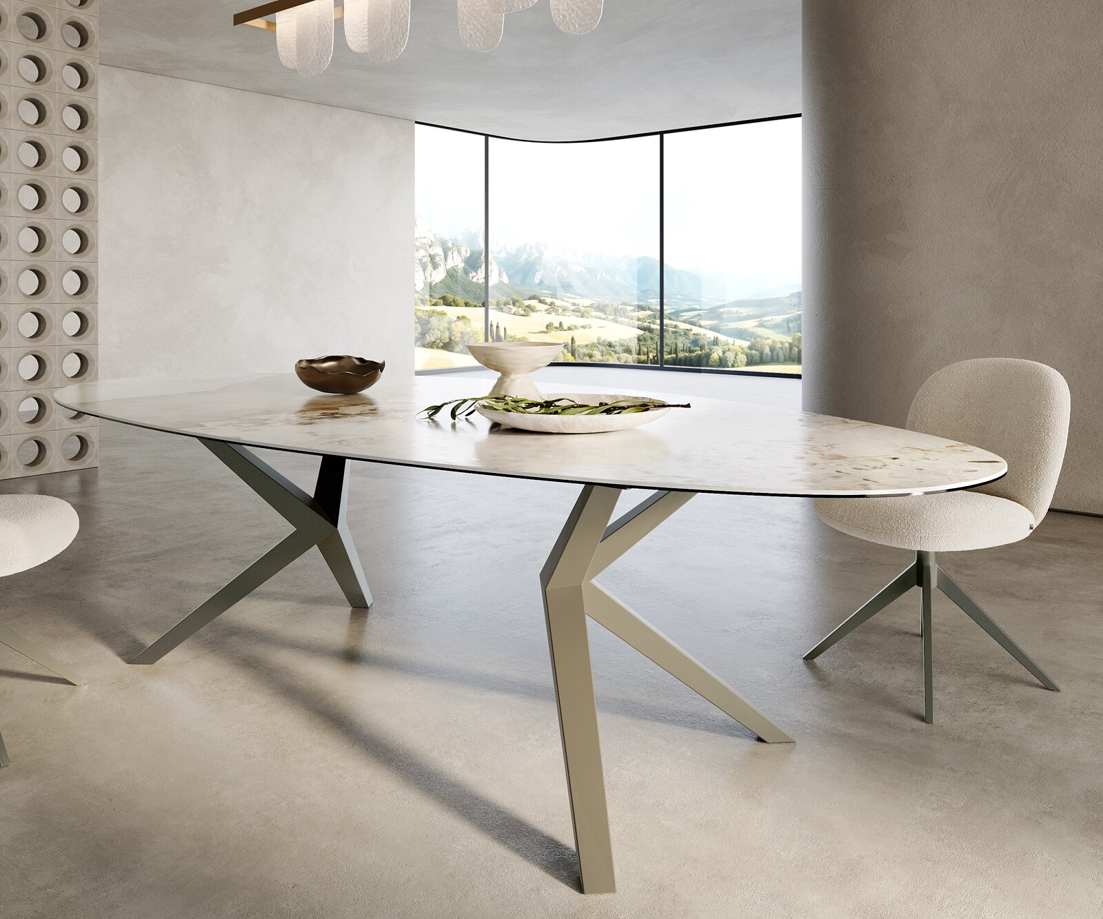 Stół do jadalni Edge owalny 280x130cm ceramika Minas Melange biało-beżowy rama Zenthara metal kolor tytanowy 6