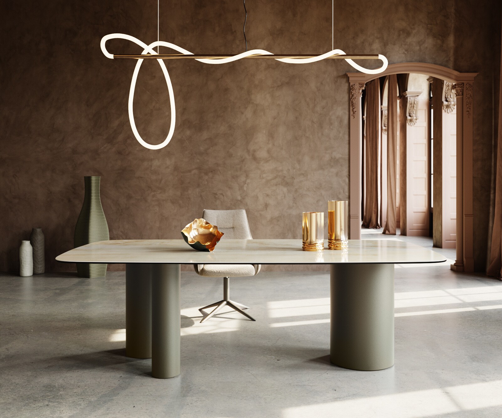 Stół do jadalni Edge kształt beczki 240x120cm ceramika Iris FMG Onice Oro rama Troa metal kolor tytanowy 1