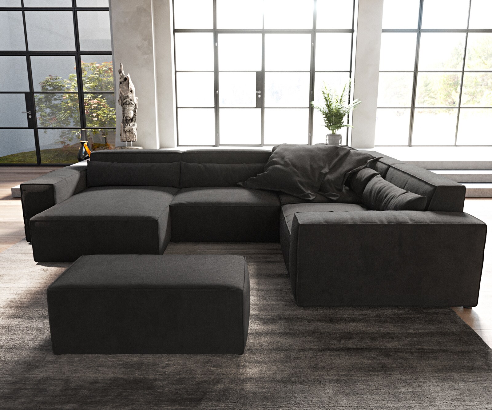 Sofa w kształcie litery U Sirpio 300x210 cm mikrofibra czarna szezlong z możliwością obustronnego montażu z pufem 2