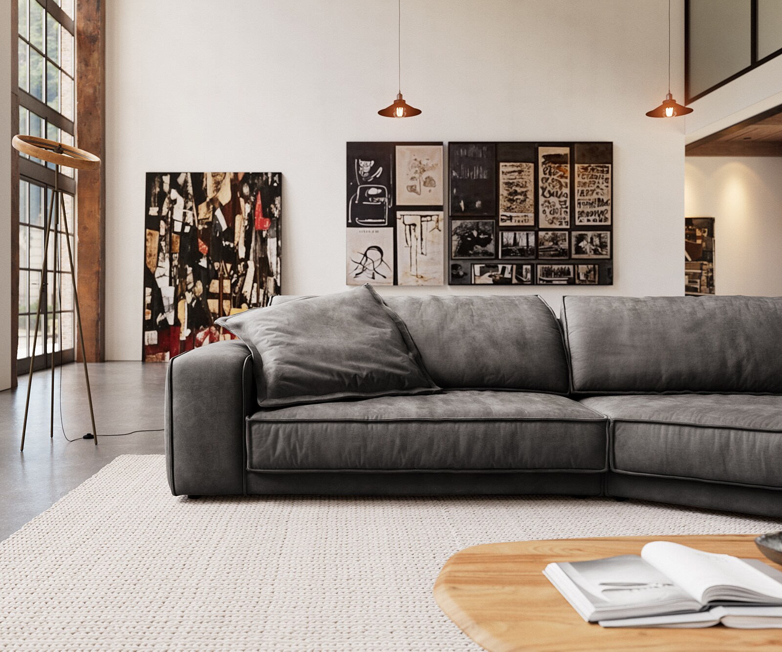 Sofa Snoosh 400x150 cm mikrofibra czarna vintage szezlong prawy 2