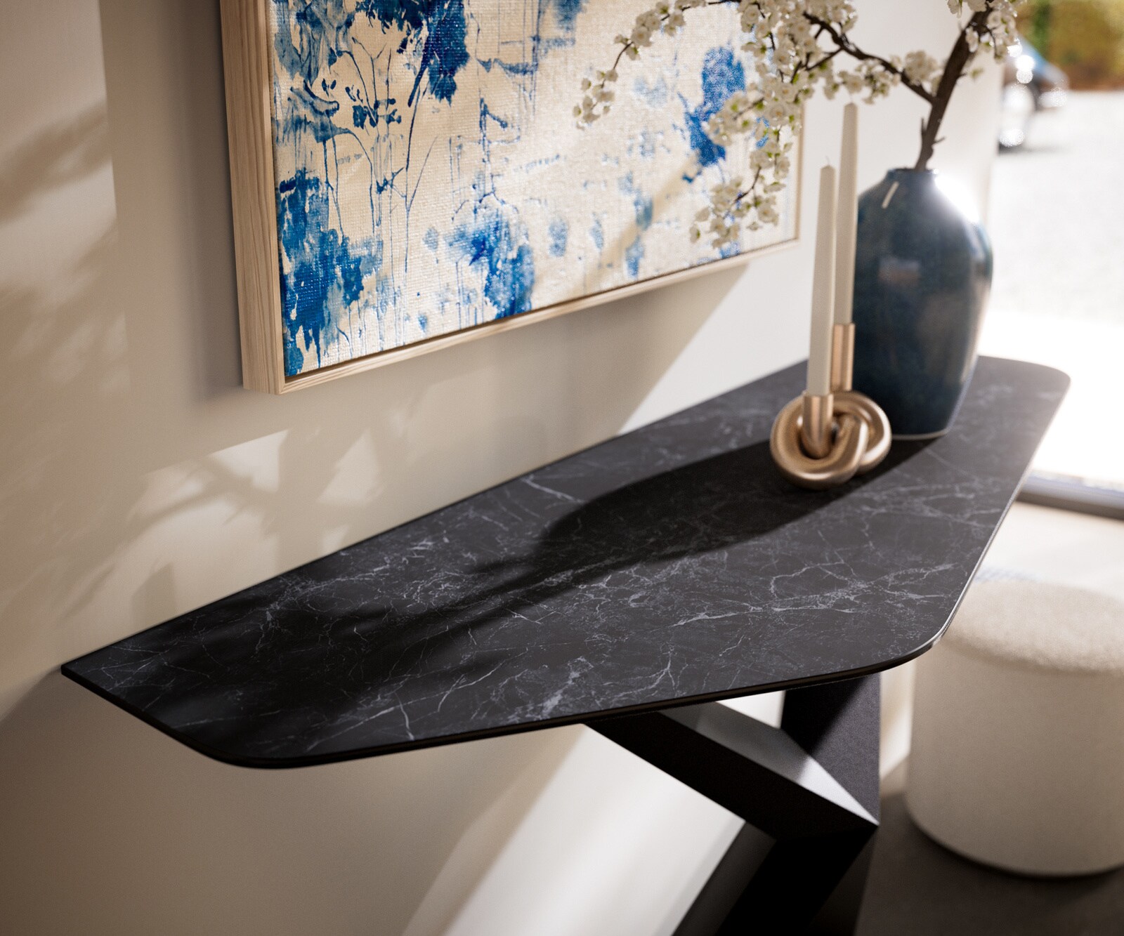 Konsola Edge wielokątna 140x50 cm ceramika Laminam® Nero Greco antracytowa podstawa Zentharo metal czarny 2