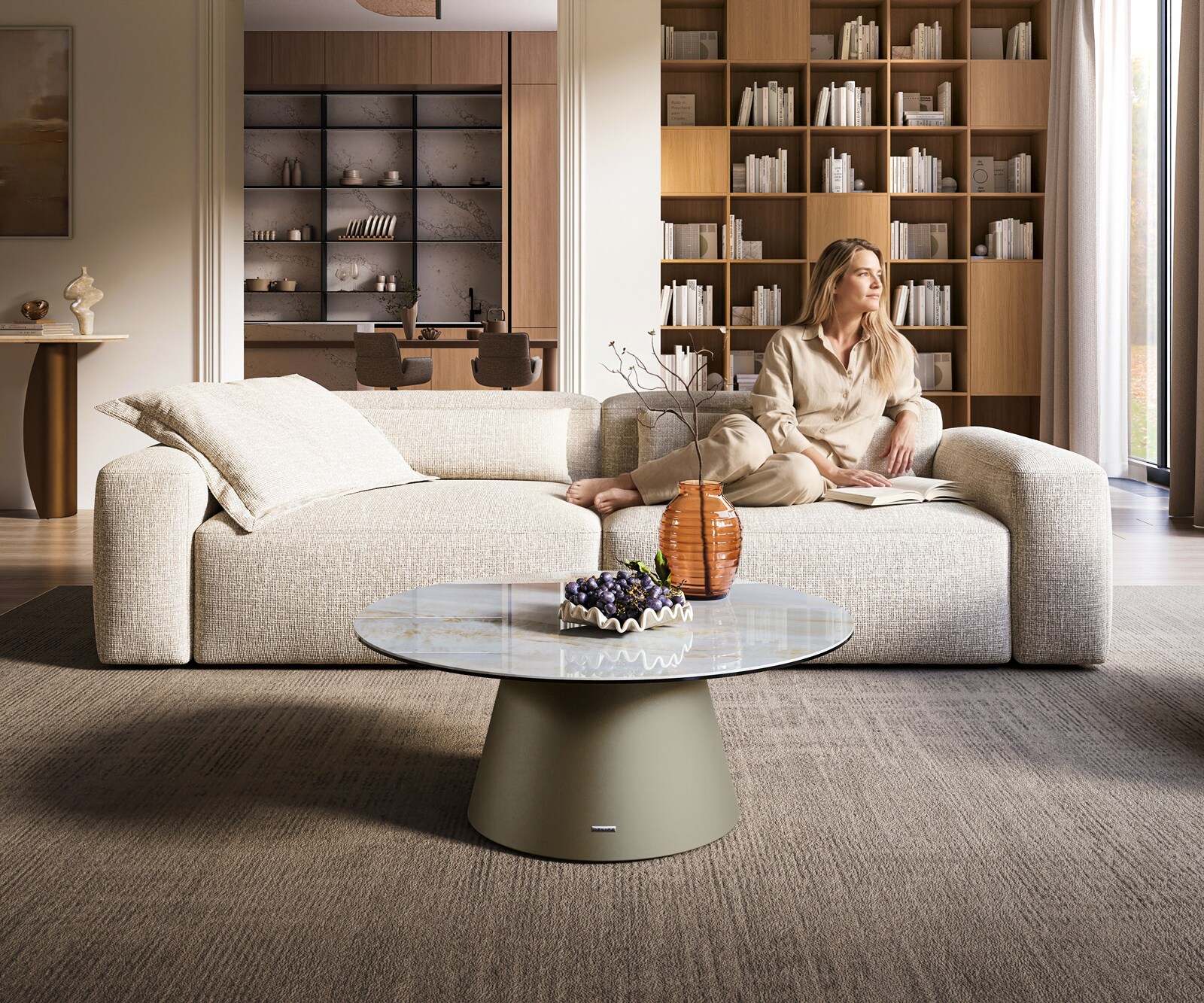Stolik kawowy Edge okrągły 90x90 cm ceramika Onyx Pearl podstawa Borna metal w kolorze tytanu 2