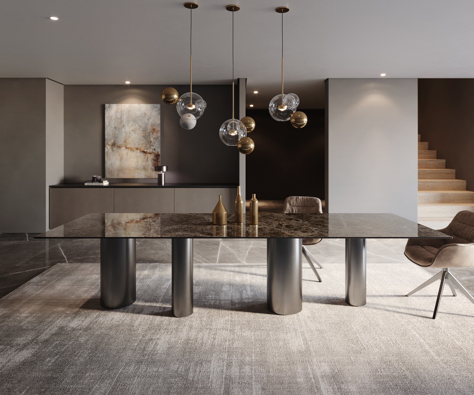 Stół do jadalni Edge 300x100cm ceramika Emperador Extra Lucidato ciemnobrązowy rama Pilier stal nierdzewna grafit 1