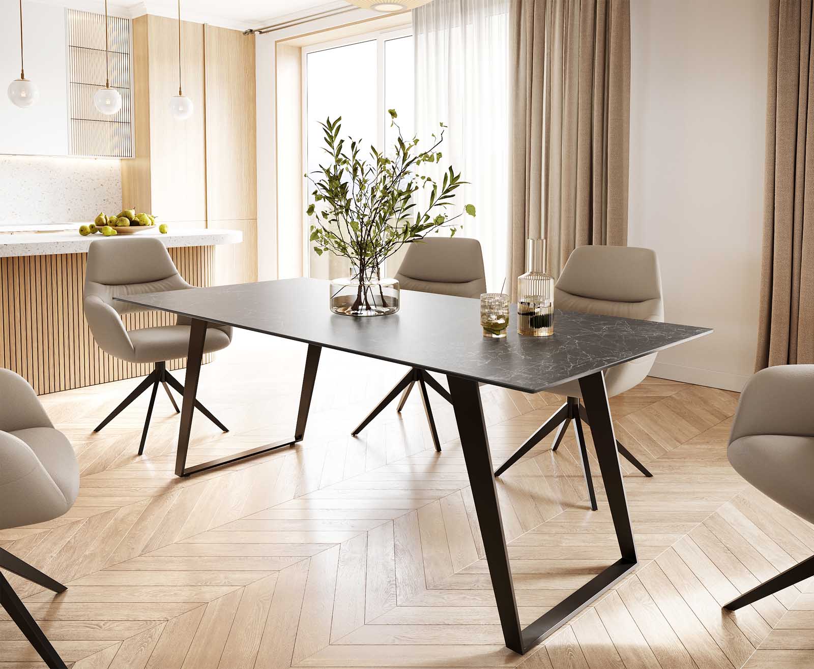 Stół do jadalni Edge 200x100 cm ceramika Laminam® Nero Greco antracyt metal pochylona rama czarna