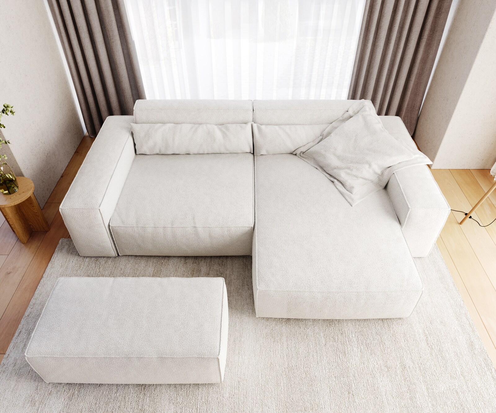 Sofa narożna Sirpio XL 270x170cm bouclé kremowo-biały szezlong z możliwością zmiennego ustawienia z pufem 5
