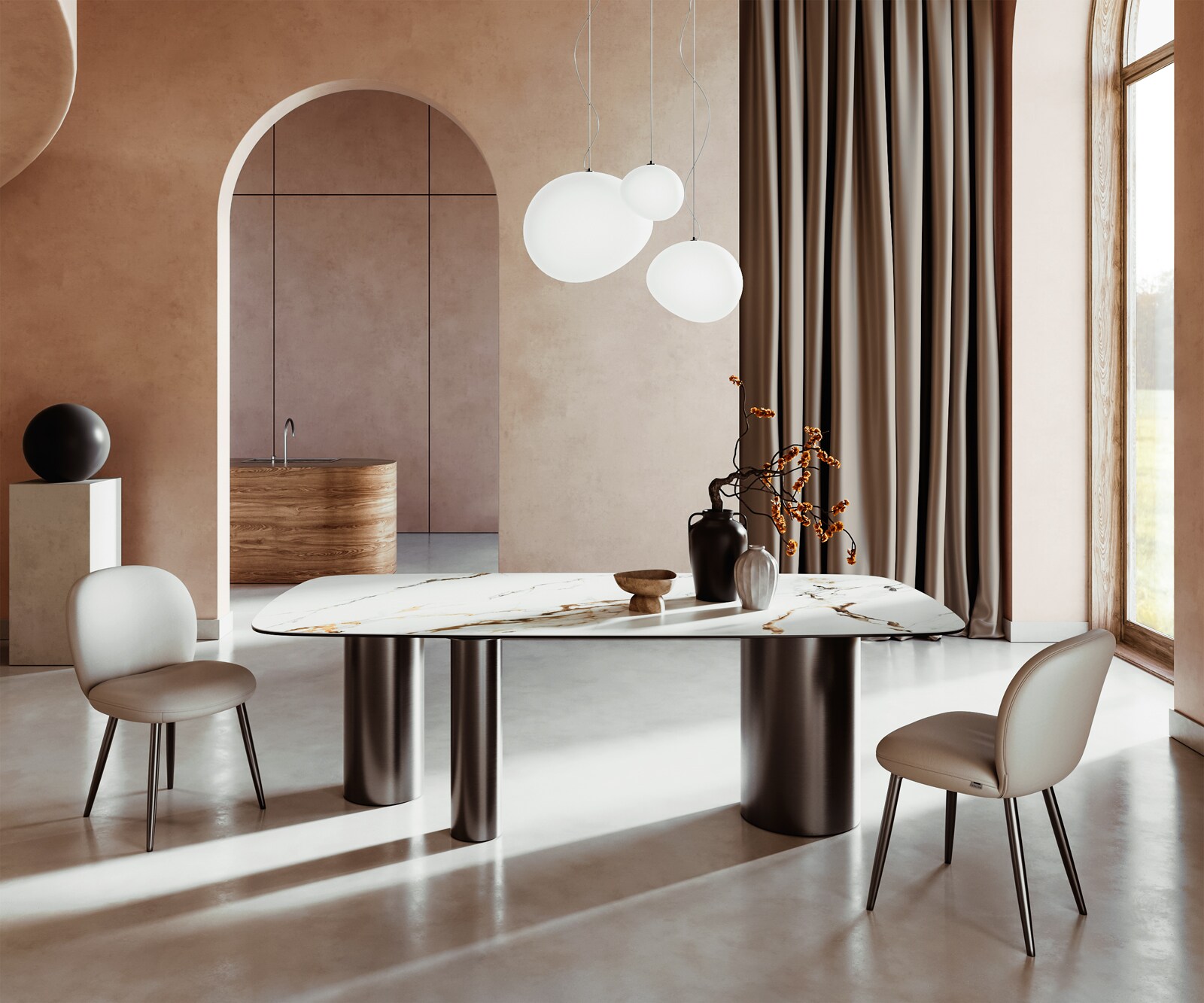 Stół do jadalni Edge kształt beczki 240x120cm ceramika Calacatta Luxe biało-złoto-szary rama Troa stal nierdzewna grafit