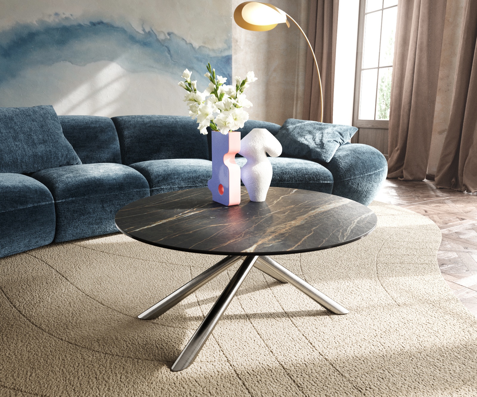 Stolik kawowy Edge okrągły 90x90 cm ceramika Laminam® Noir Desir brązowa podstawa Sarity stal nierdzewna szczotkowana 1