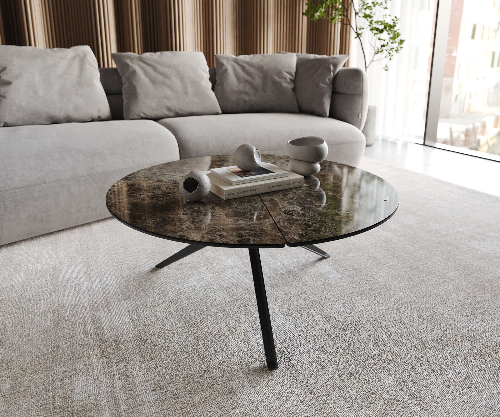 Stolik kawowy Delron 90x90cm ceramika Emperador Extra Lucidato ciemnobrązowy podstawa krzyżowa płaska metal czarny 2