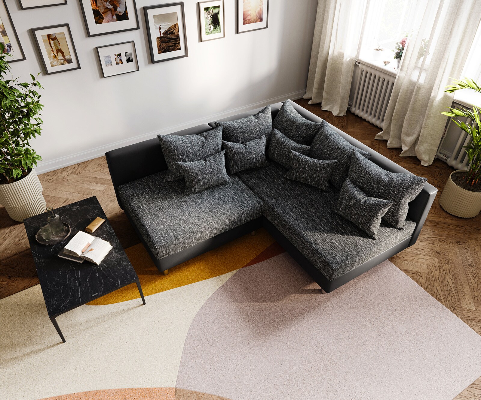 Sofa narożna Clovis czarna otomana prawa sofa modułowa z możliwością rozbudowy 3