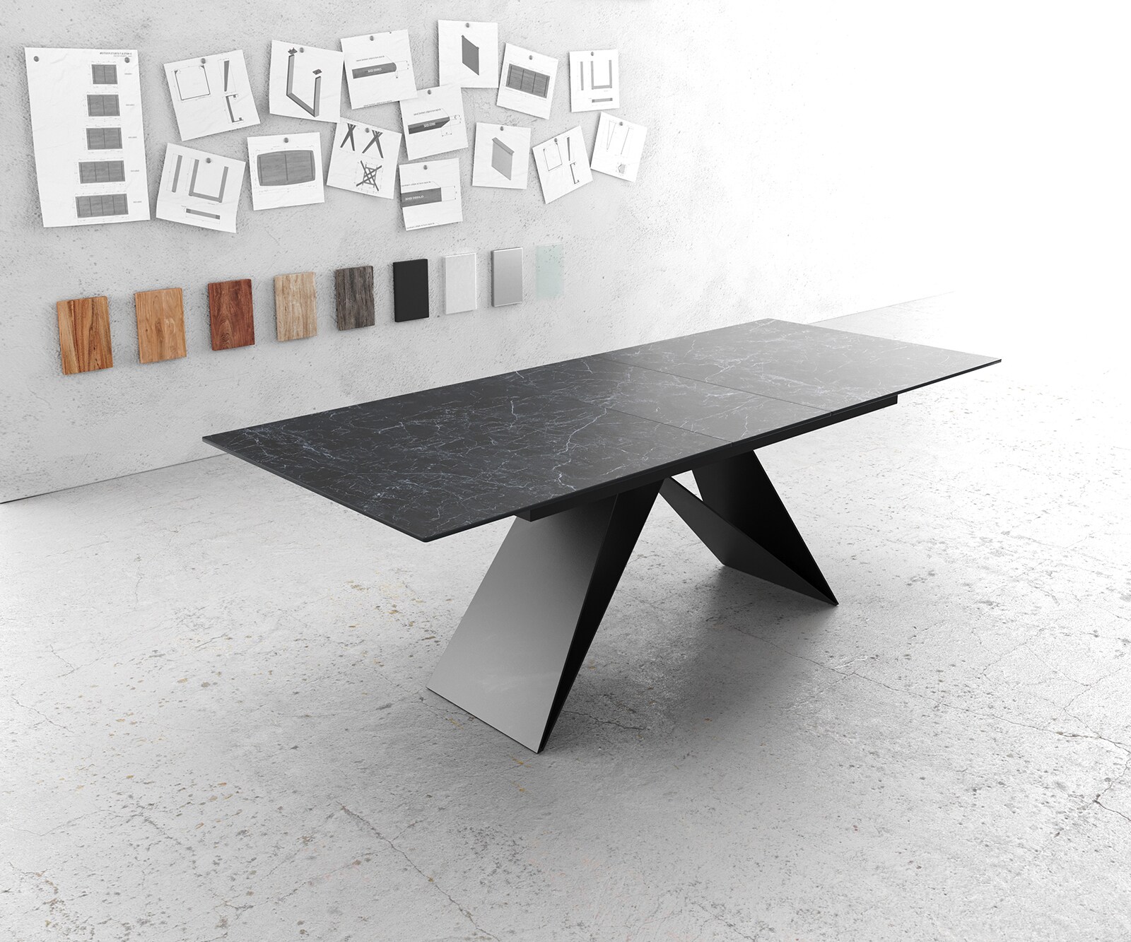 Stół do jadalni Edge 180-220x100 cm ceramika Laminam® Nero Greco antracyt rama V czarna rozkładany