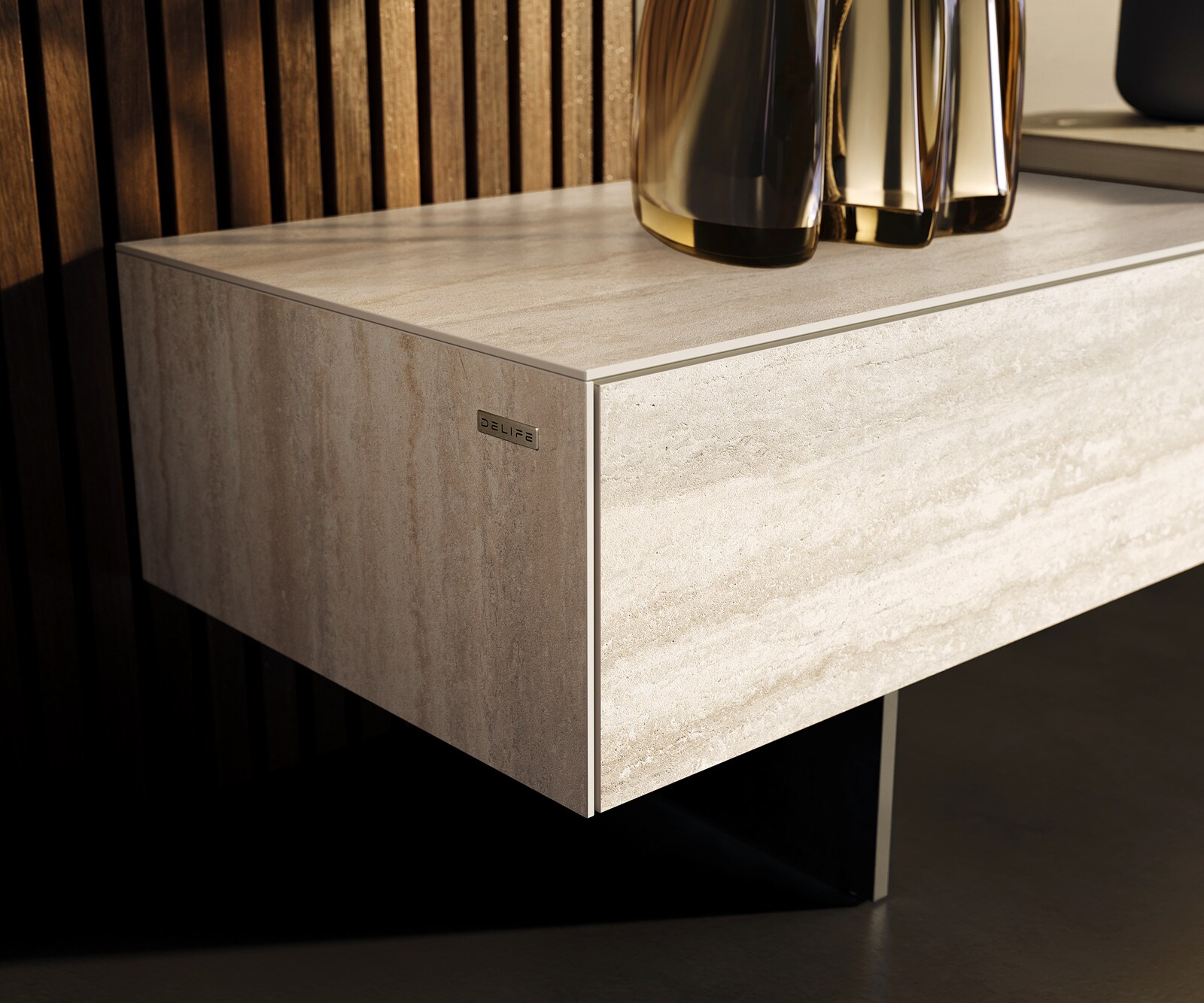 Szafka RTV Cuor 200 cm ceramika Laminam® Travertino Bianco kremowo-biała 1 klapa 1 szuflada nóżki wąskie metal czarny 5