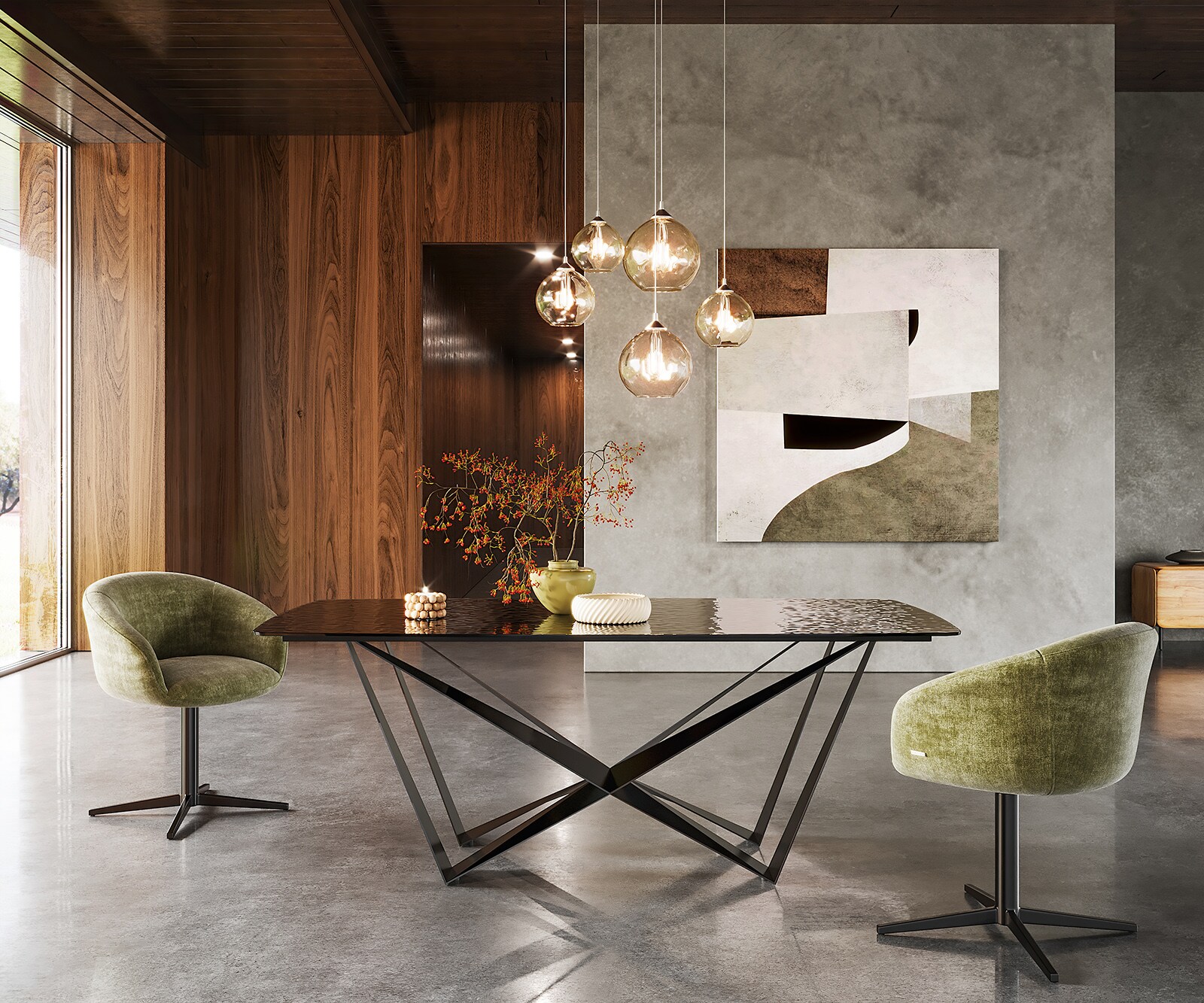 Stół do jadalni Edge kształt beczki 200x100cm szkło reliefowe czarne efekt 3D rama Spider metal czarna 1