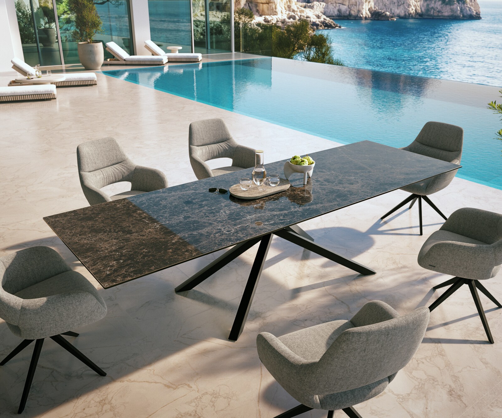 Stół ogrodowy Edge 300x100 cm ceramika Laminam® Emperador Extra Lucidato ciemnobrązowy rama Cross czarny 3