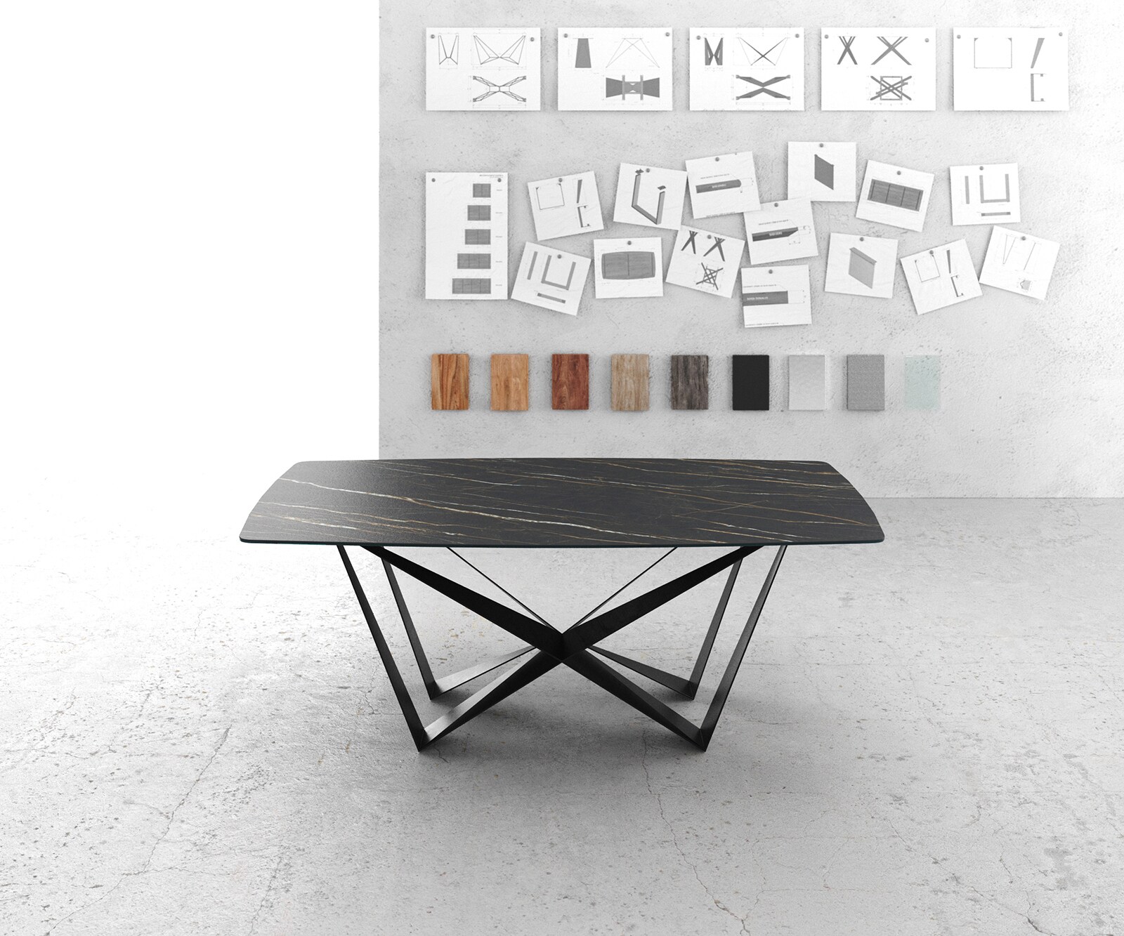 Stół do jadalni Edge kształt beczki 200x100cm ceramika Laminam® Noir Desir brązowy rama Spider metal czarna 1