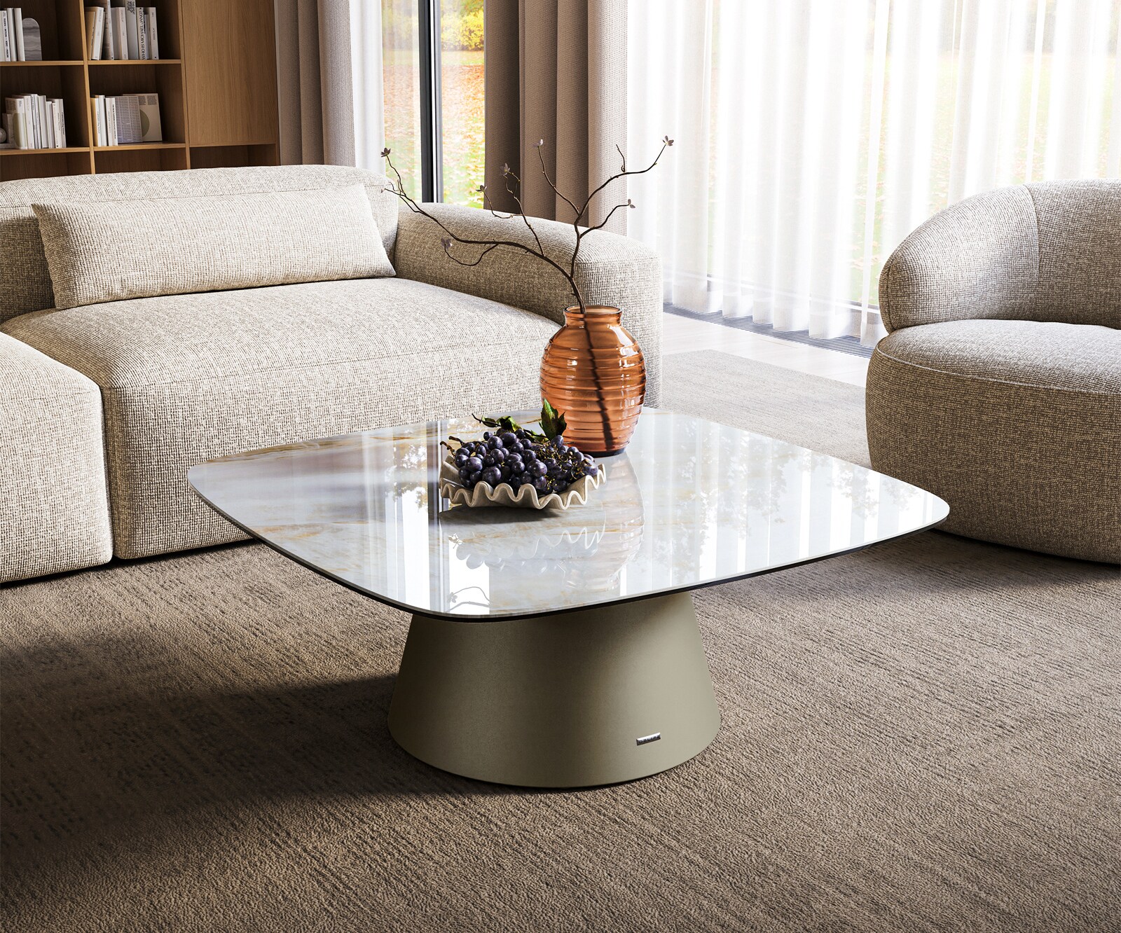 Stolik kawowy Edge w kształcie beczki 90x90 cm ceramika Onyx Pearl podstawa Borna metal w kolorze tytanu 1