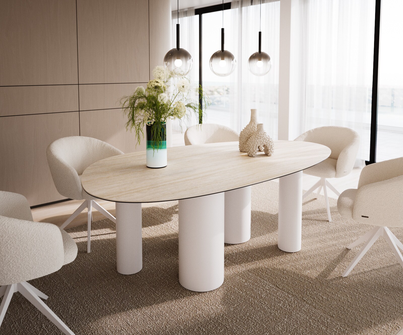 Stół do jadalni Edge owalny 220x120cm ceramika Laminam® Travertino Bianco kremowo-biały rama Pilier metal biały