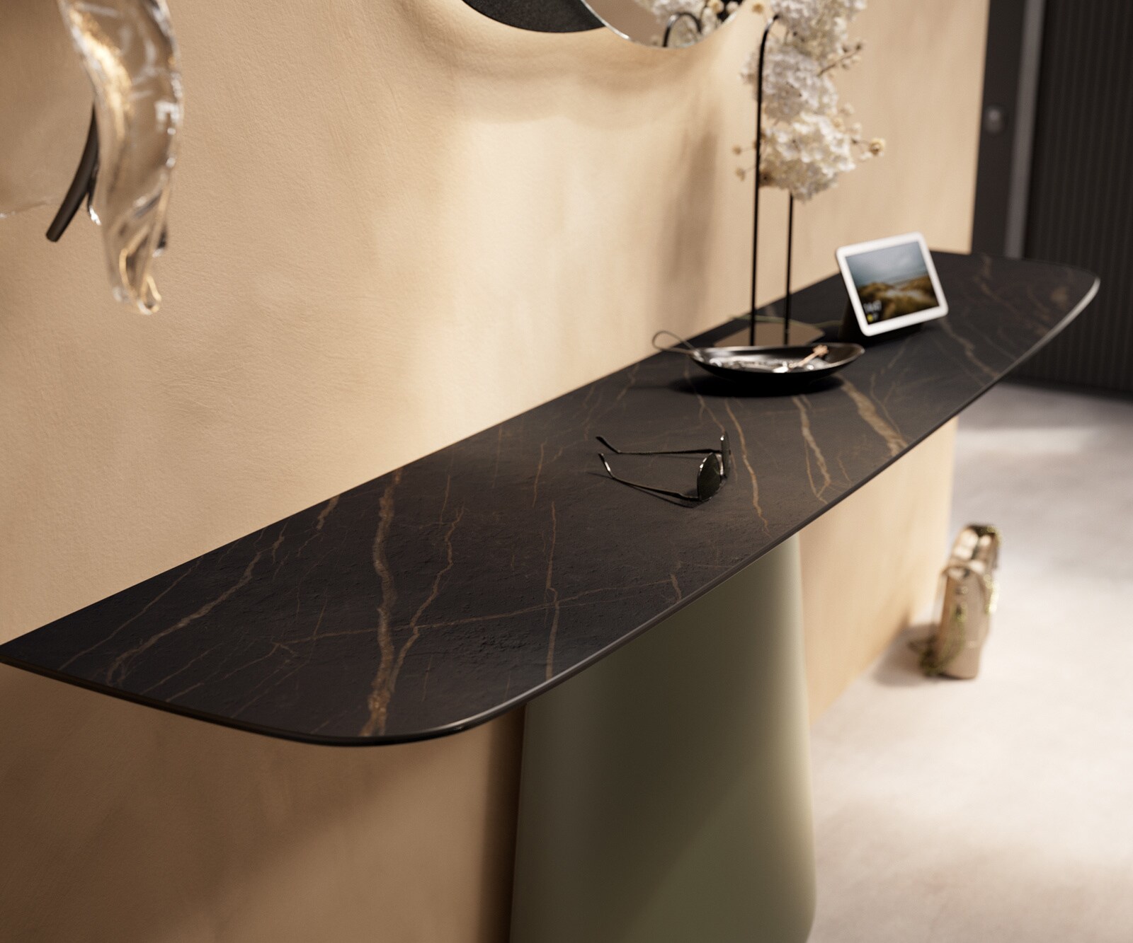 Konsola Edge w kształcie beczki 180x40 cm Laminam® Noir Desir brązowa rama Conos metal w kolorze tytanu 6